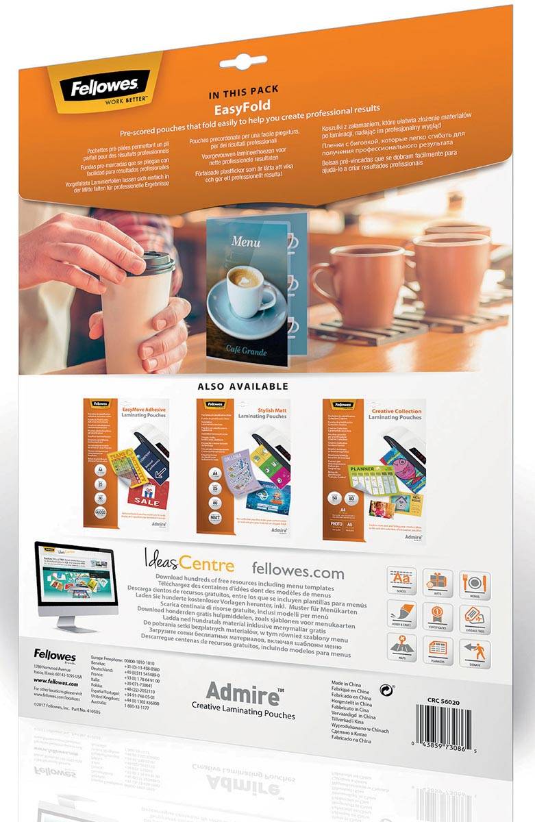 Fellowes lamineerhoes Admire Easyfold Enhance80 ft A3, 160 micron (2 x 80 micron), pak van 25 stuks