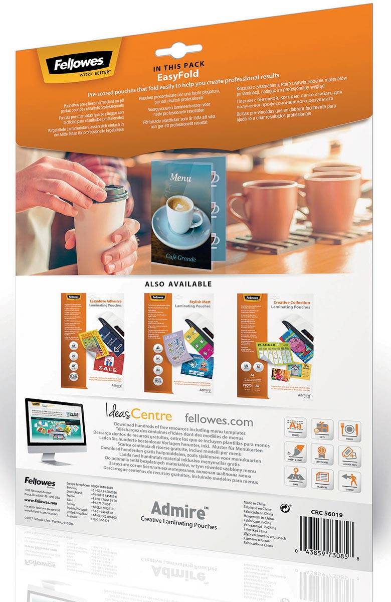Fellowes lamineerhoes Admire Easyfold Enhance80 ft A4, 160 micron (2 x 80 micron), pak van 25 stuks