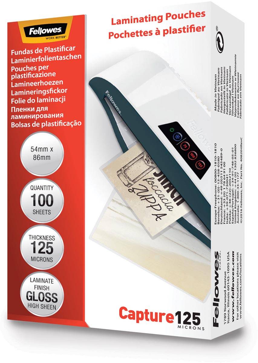 Fellowes lamineerhoes Capture125 ft 54 x 86 mm, 250 micron (2 x 125 micron), pak van 100 stuks