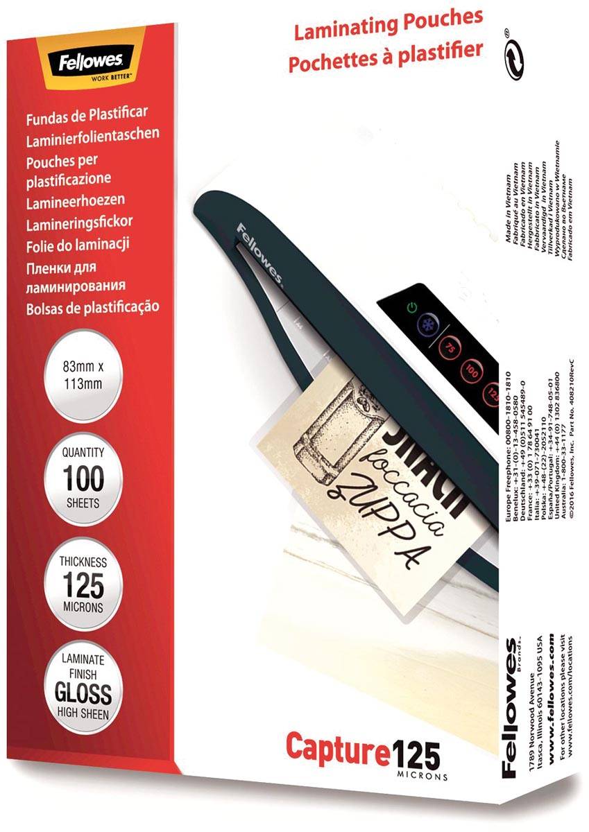 Fellowes lamineerhoes Capture125 ft 83 x 113 mm, 250 micron (2 x 125 micron), pak van 100 stuks