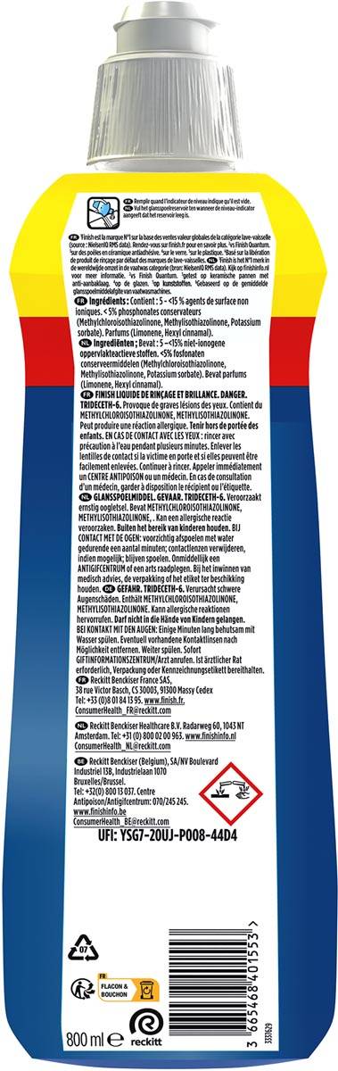 Finish glansspoelmiddel voor vaatwasser, flacon van 800 ml, citroen