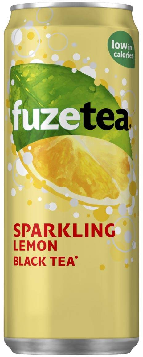 Fuze Tea bruisend zwarte thee frisdrank, sleek blik van 33 cl, pak van 24 stuks