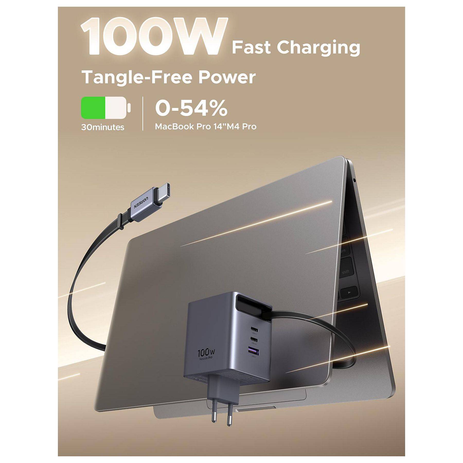 UGREEN X616 100W GaN Fast Charger 2x USB-C 1x USB-A 1x extendable USB-C cable