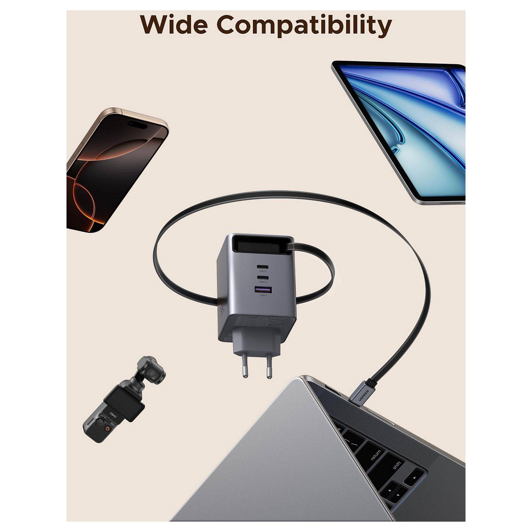 UGREEN X616 100W GaN Fast Charger 2x USB-C 1x USB-A 1x extendable USB-C cable