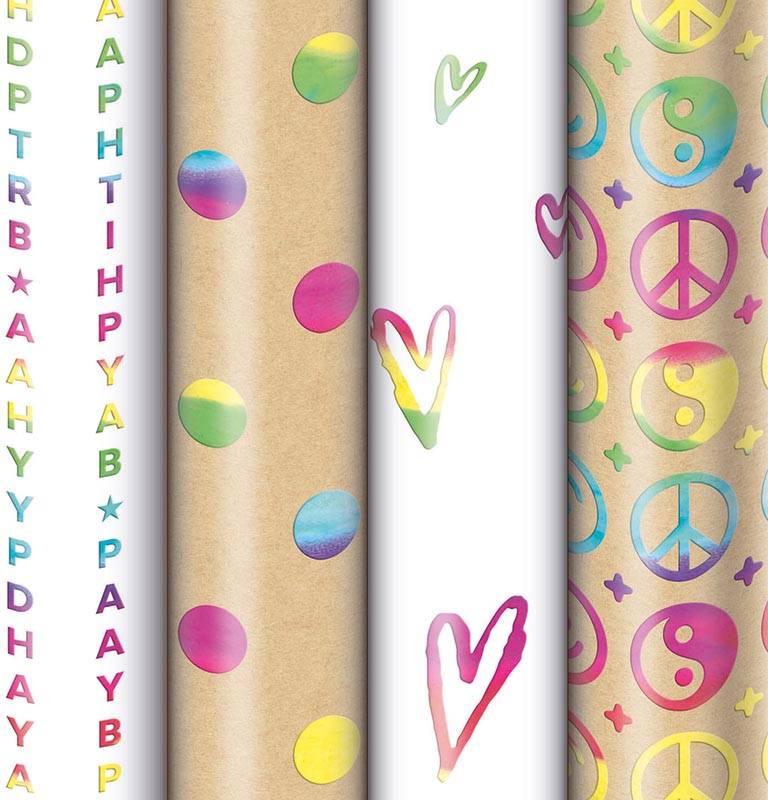Geschenkpapier Rainbow, 70 cm x 1,5 m, 4 verschillende motieven