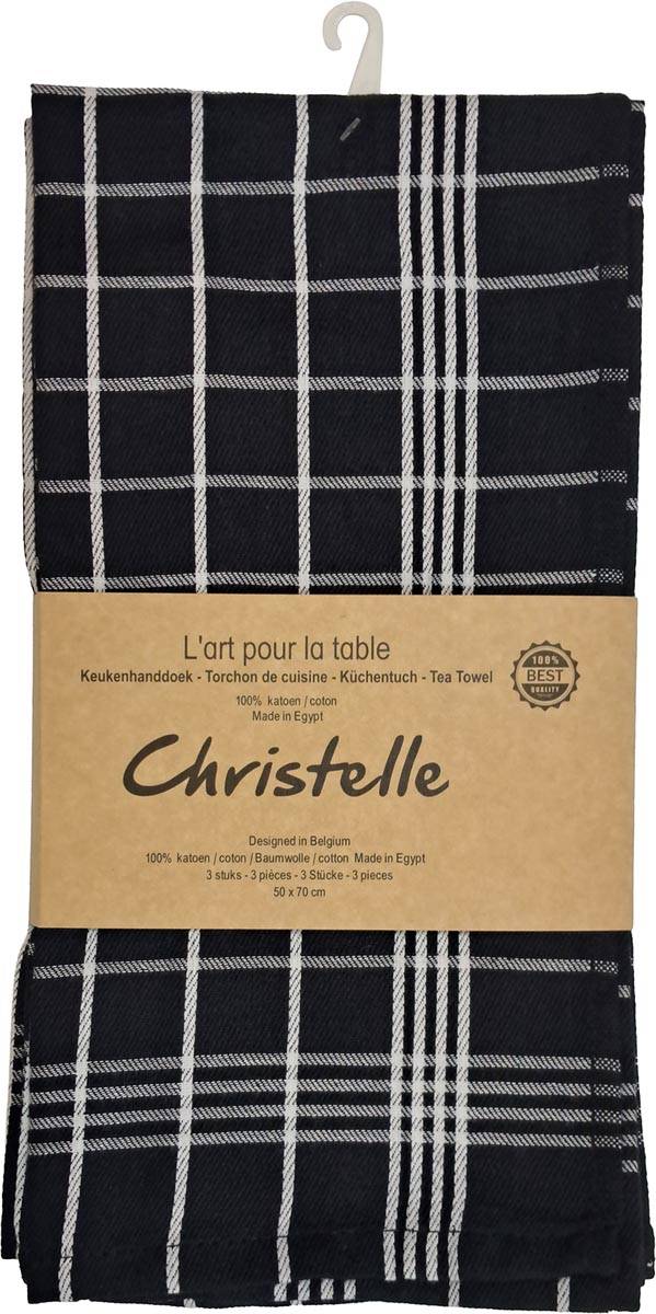 Handdoek Christelle, ft 50 x 70 cm, geruit, zwart, pak van 3 stuks