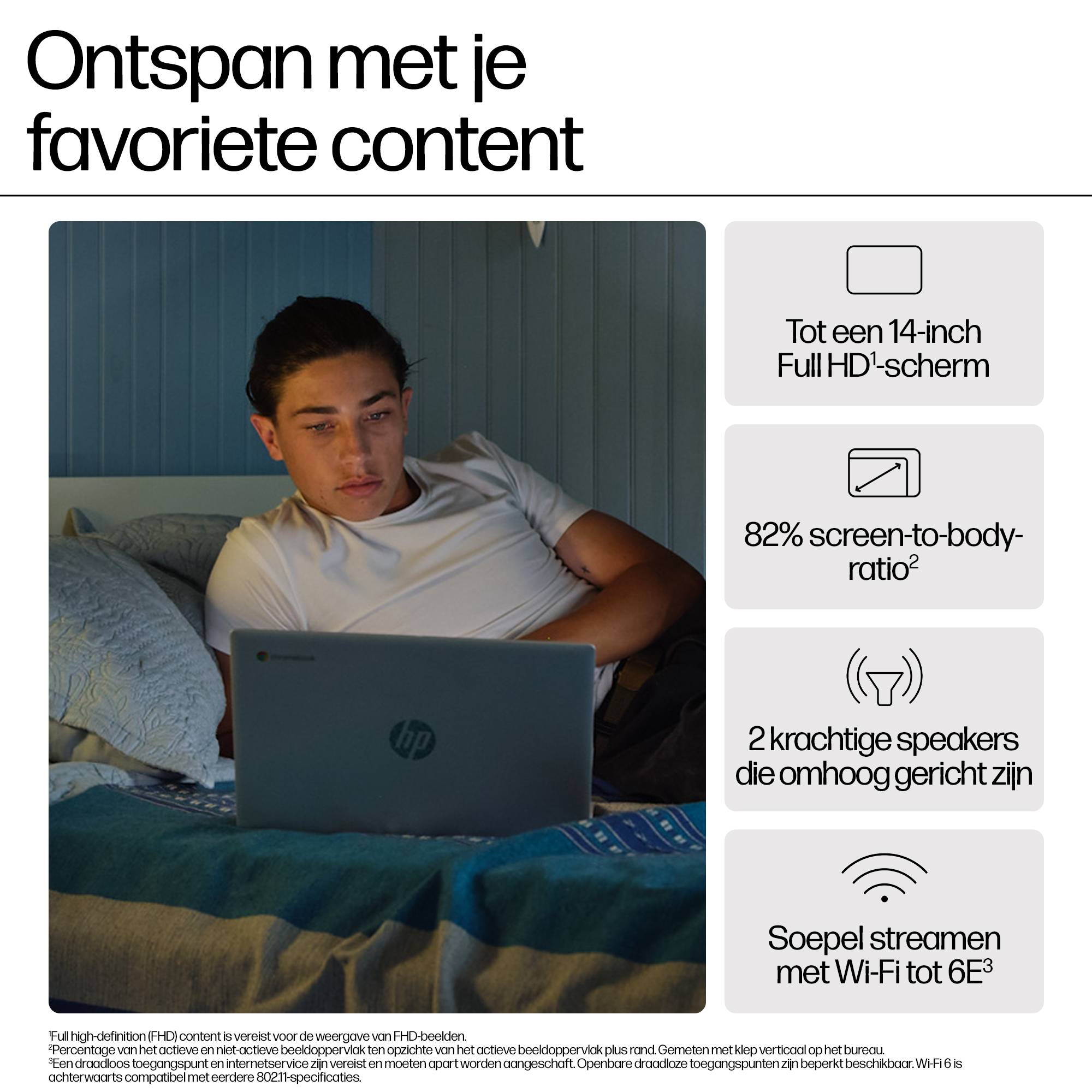 HP Chromebook 14a-nf0050nd Intel® N N100 35,6 cm (14") Full HD 4 GB LPDDR5-SDRAM 128 GB Flash Wi-Fi 6E (802.11ax) ChromeOS Zilver