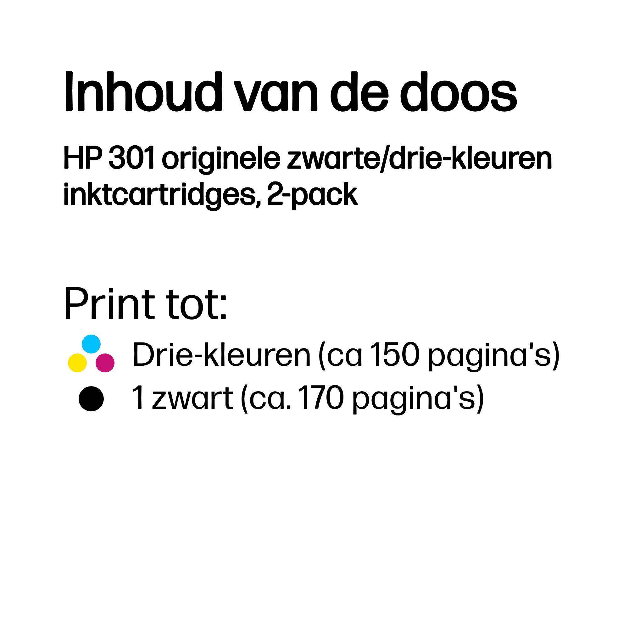 HP 301 originele zwarte/drie-kleuren inktcartridges, 2-pack