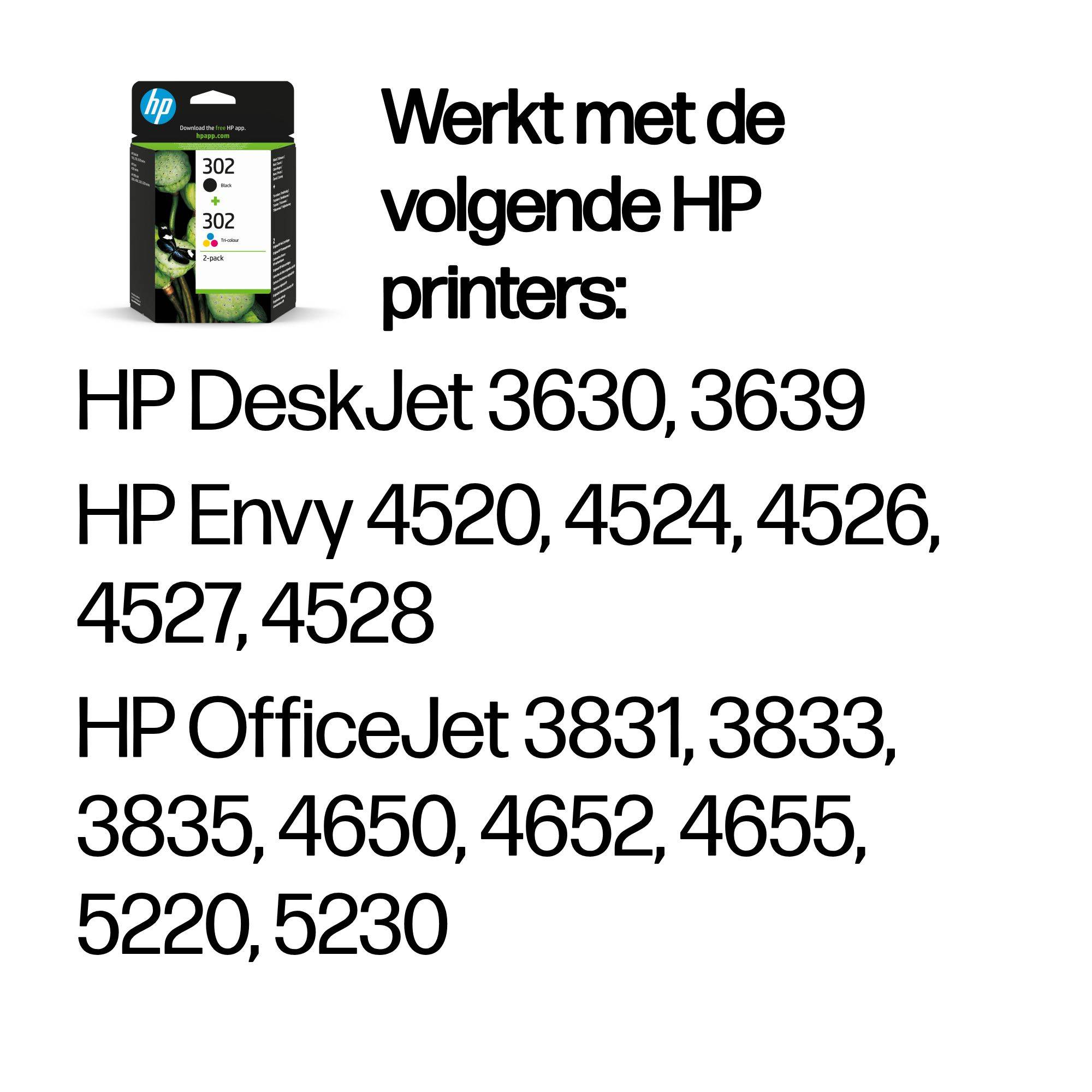 HP 302 originele zwarte/drie-kleuren inktcartridges, 2-pack