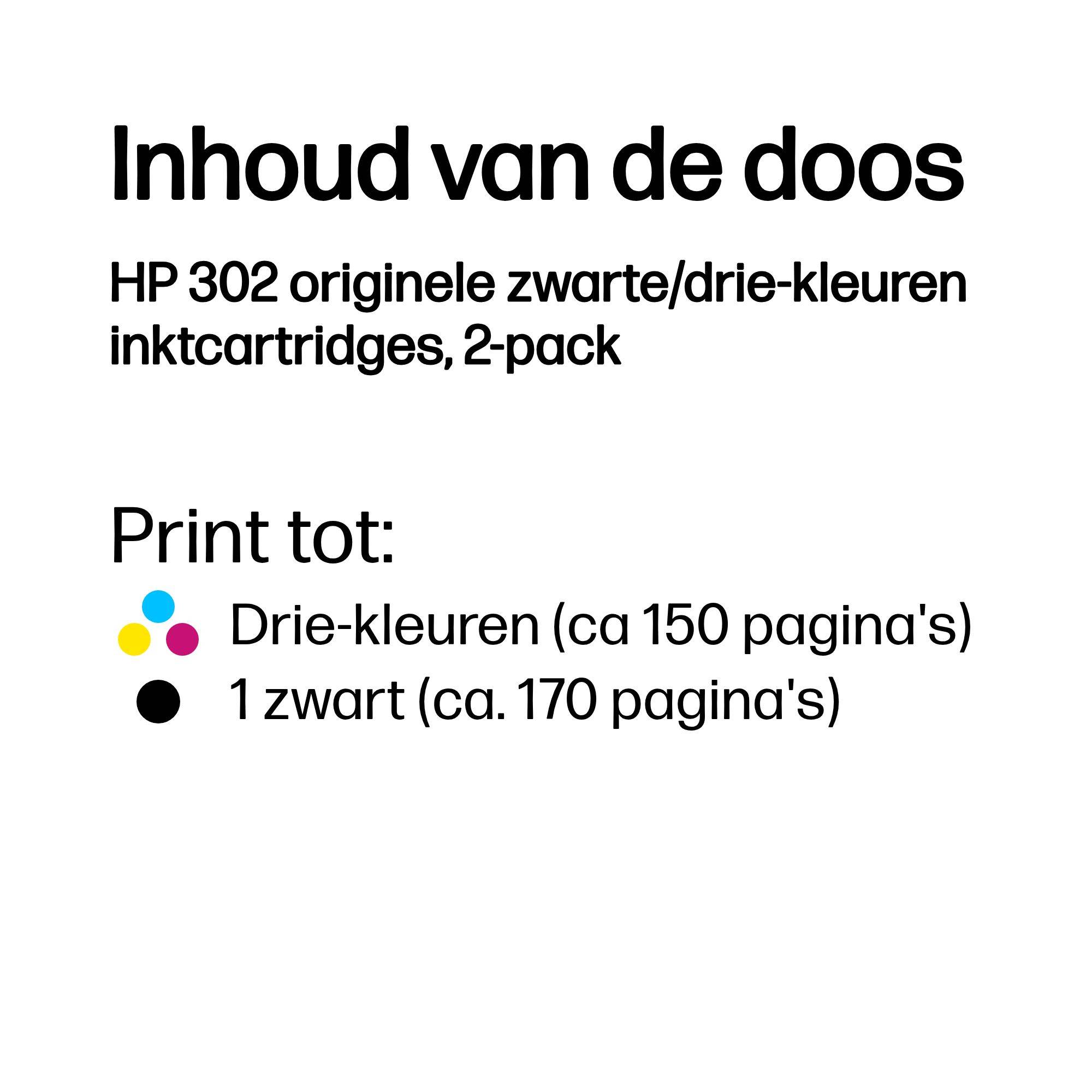 HP 302 originele zwarte/drie-kleuren inktcartridges, 2-pack
