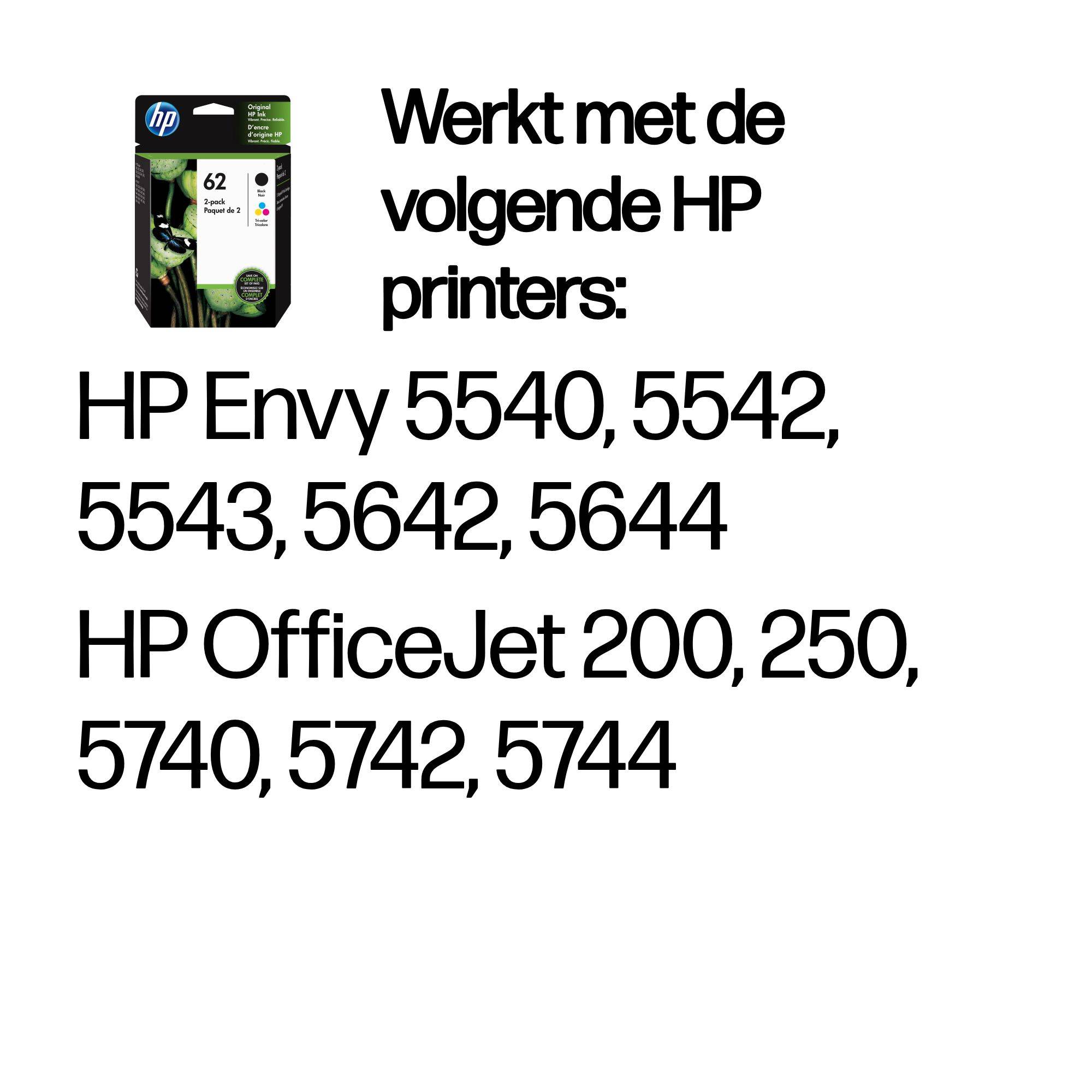 HP 62 originele zwarte/drie-kleuren inktcartridges, 2-pack