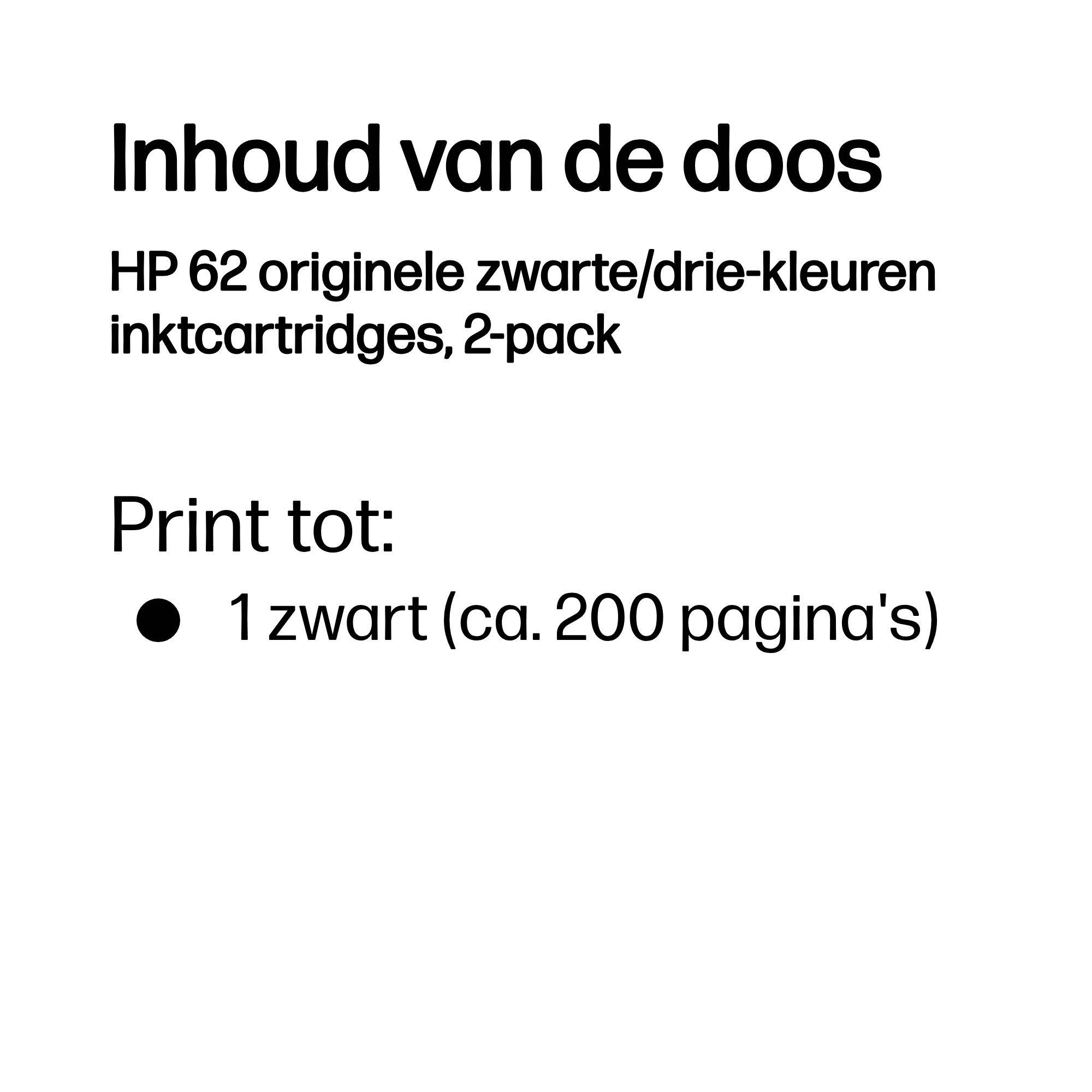 HP 62 originele zwarte/drie-kleuren inktcartridges, 2-pack