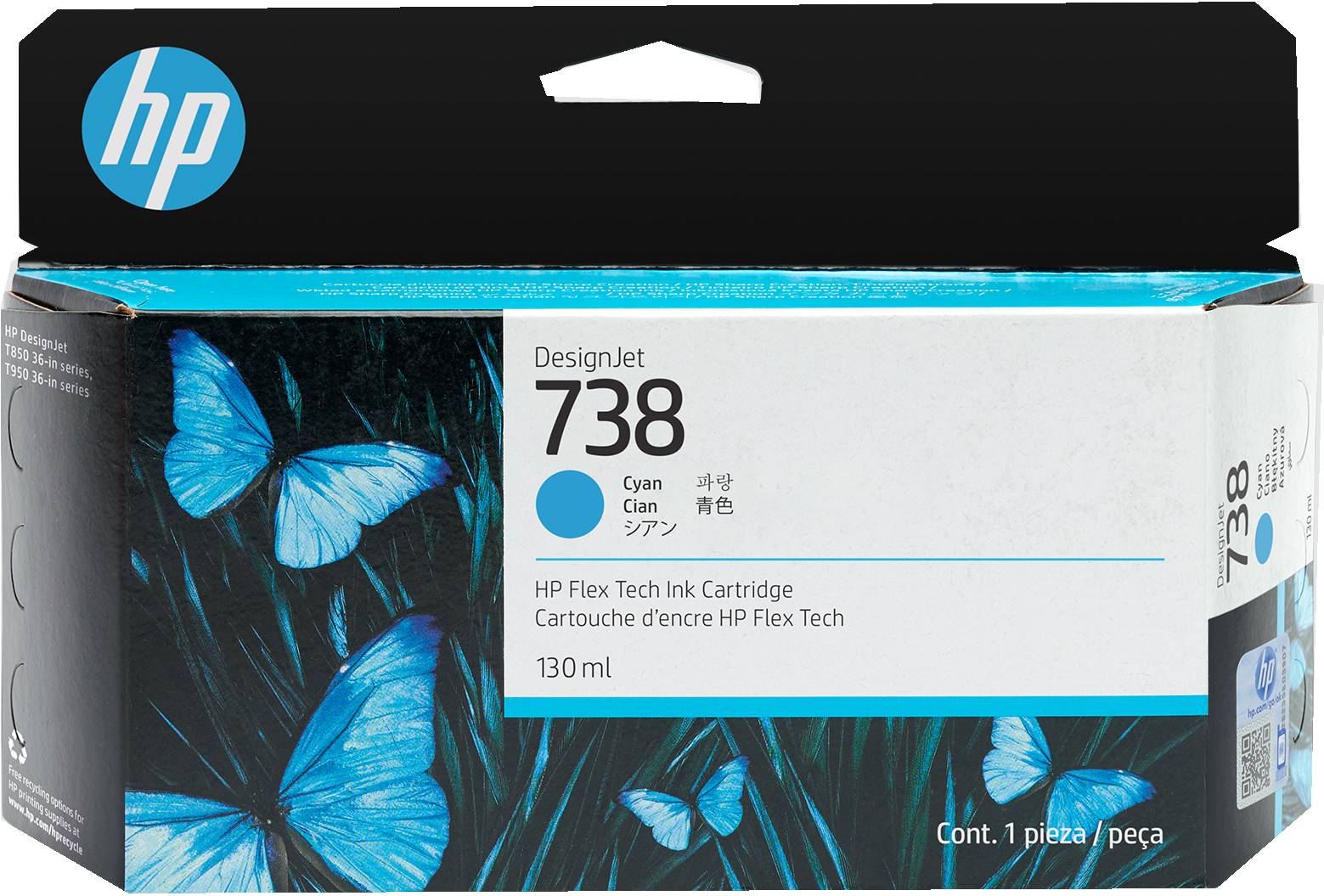 HP 738 130-ml Cyan DesignJet Ink Cartridge inktcartridge 1 stuk(s) Origineel Normaal rendement Cyaan