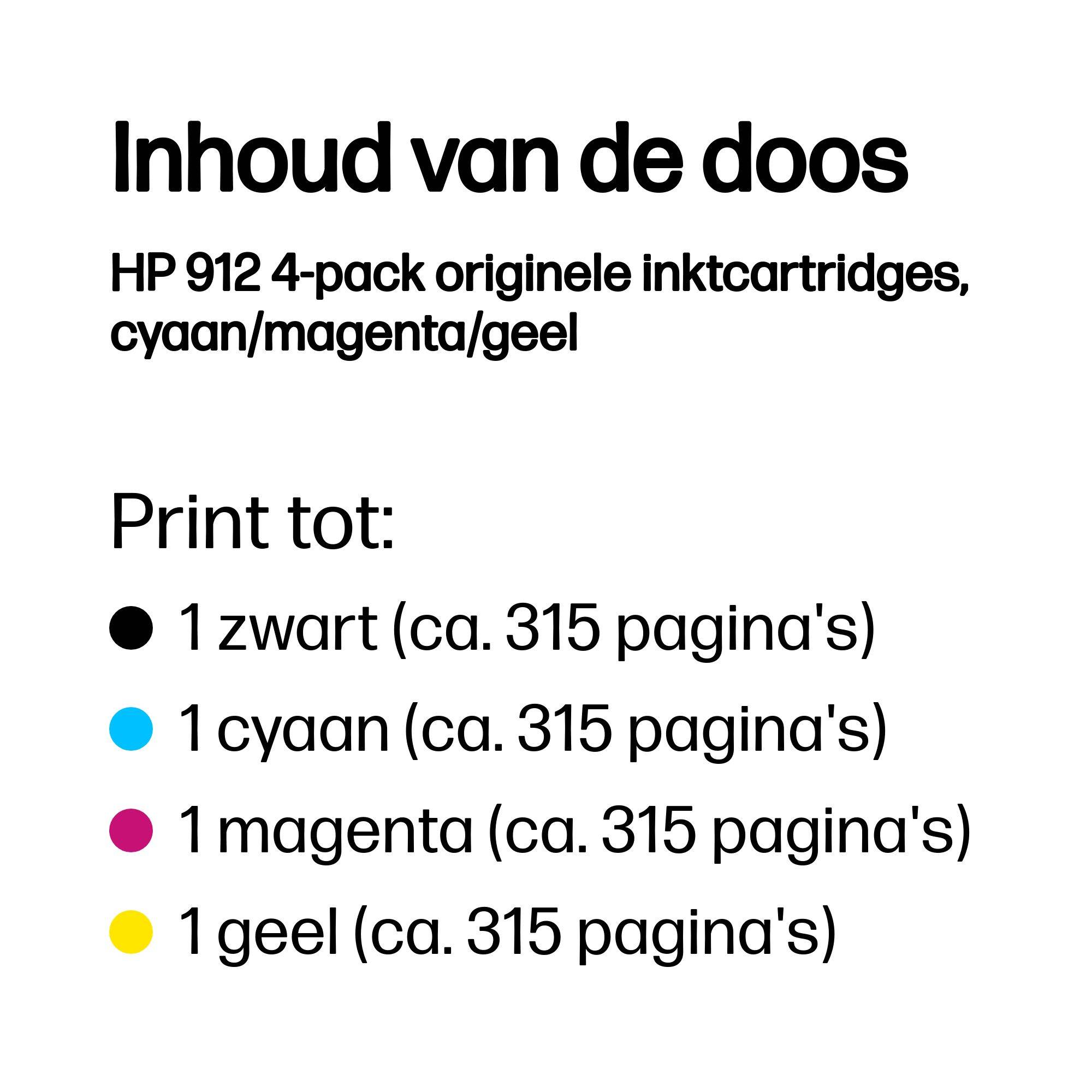 HP 912 4-pack originele inktcartridges, cyaan/magenta/geel