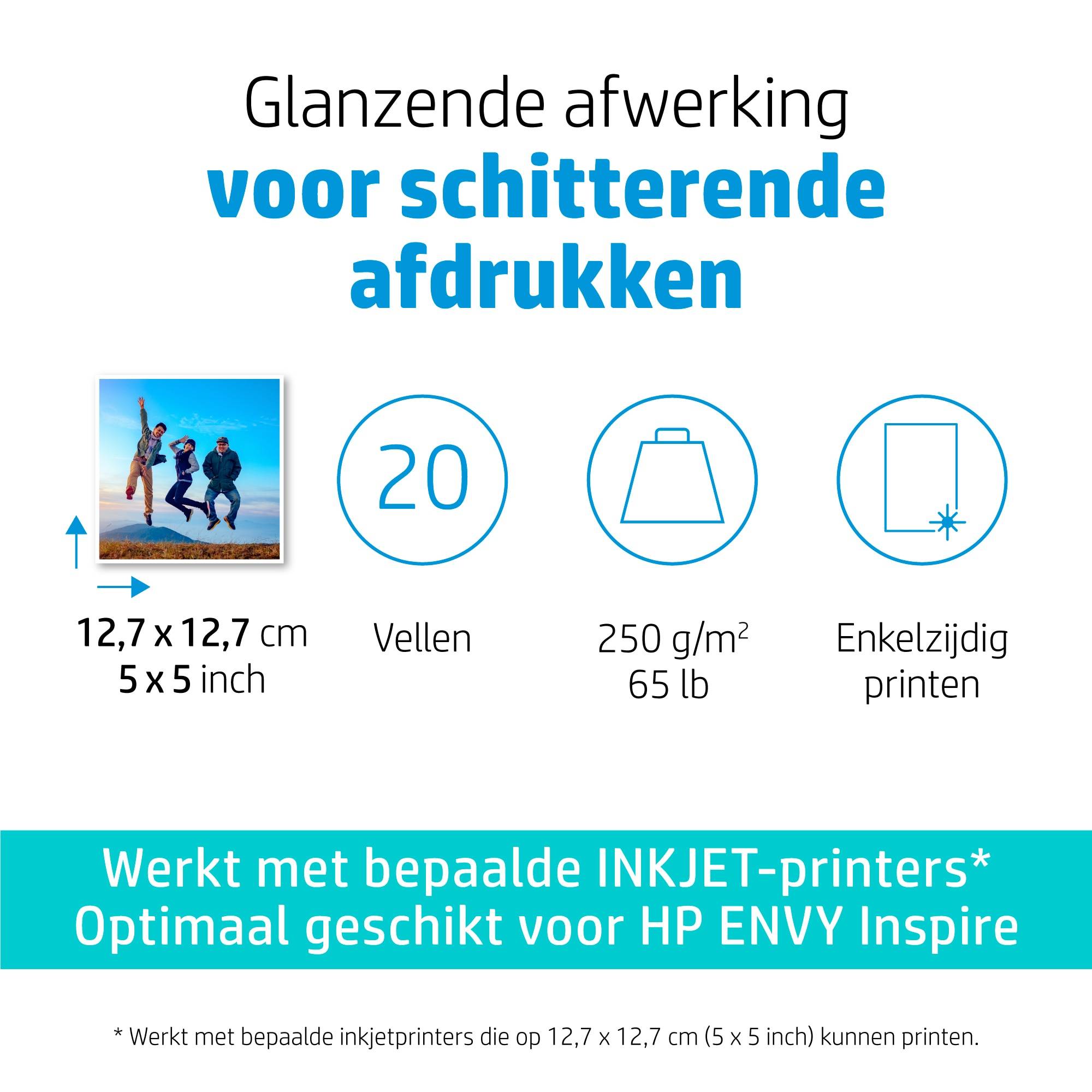 HP Advanced Photo Paper, Glossy, 65 lb, 5 x 5 in. (127 x 127 mm), 20 sheets