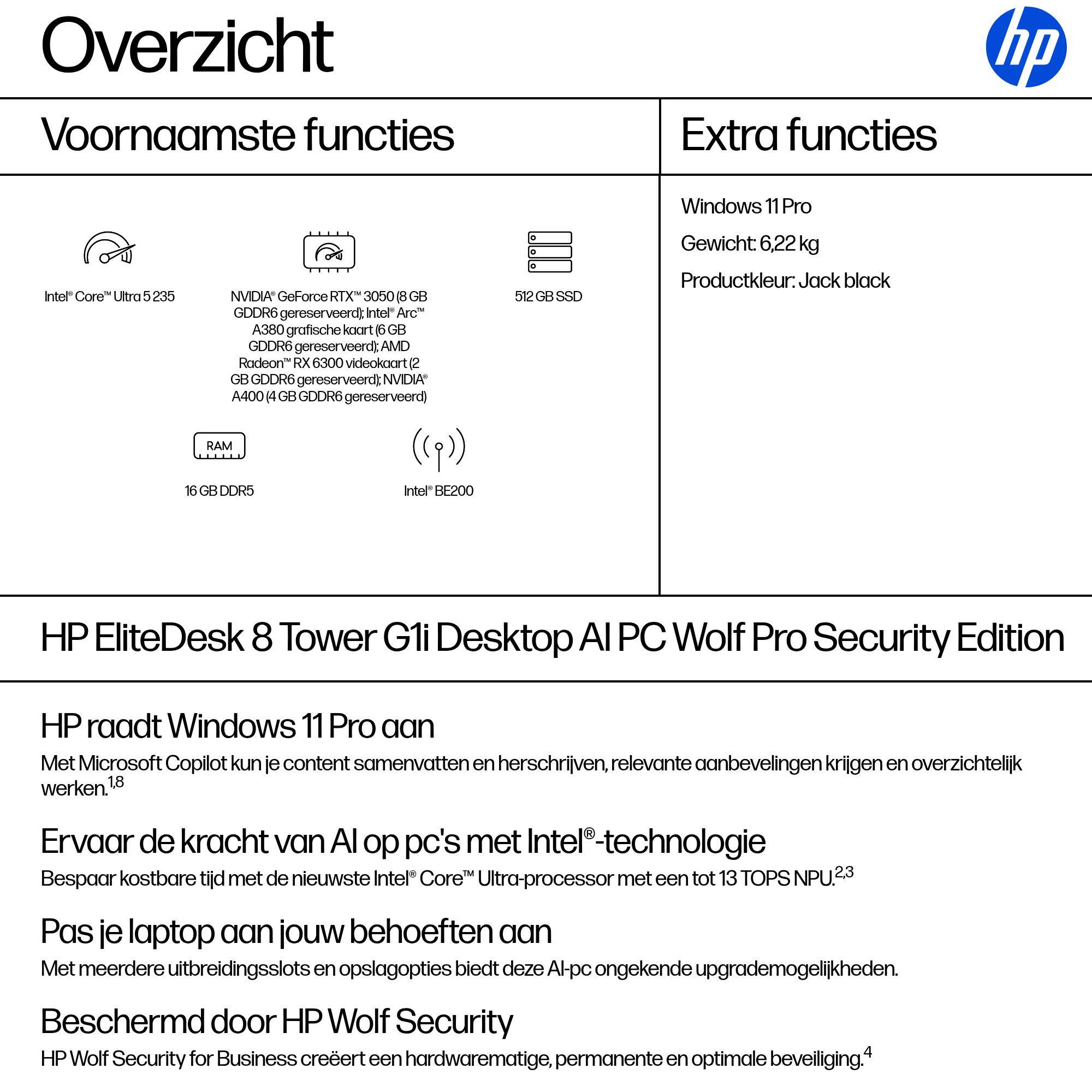 HP EliteDesk 8 Tower G1i AI Wolf Pro Security Edition Intel Core Ultra 5 235 16 GB DDR5-SDRAM 512 GB SSD Windows 11 Pro PC AI PC Zwart