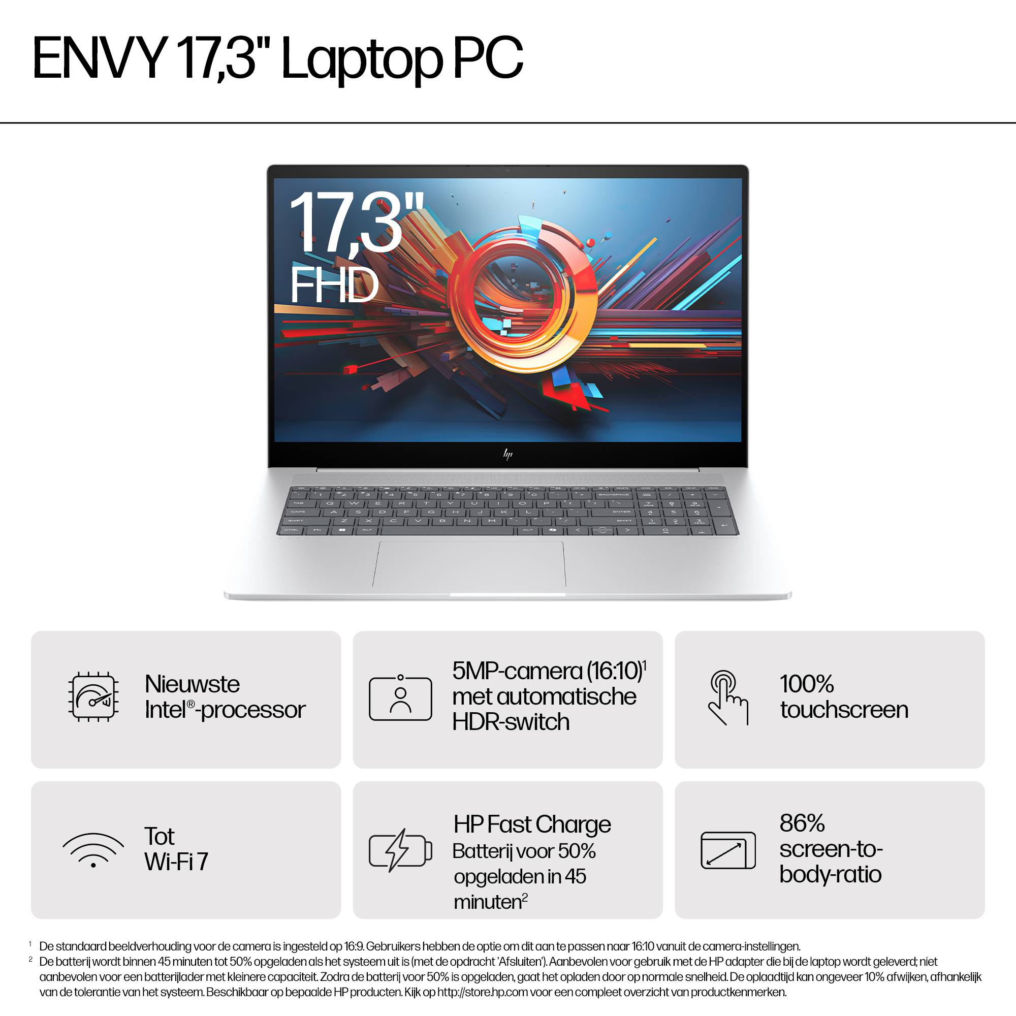 HP ENVY 17-da0030nd Intel Core Ultra 7 155H Laptop 43,9 cm (17.3") Touchscreen Full HD 16 GB DDR5-SDRAM 1 TB SSD Wi-Fi 6E (802.11ax) Windows 11 Home Zilver