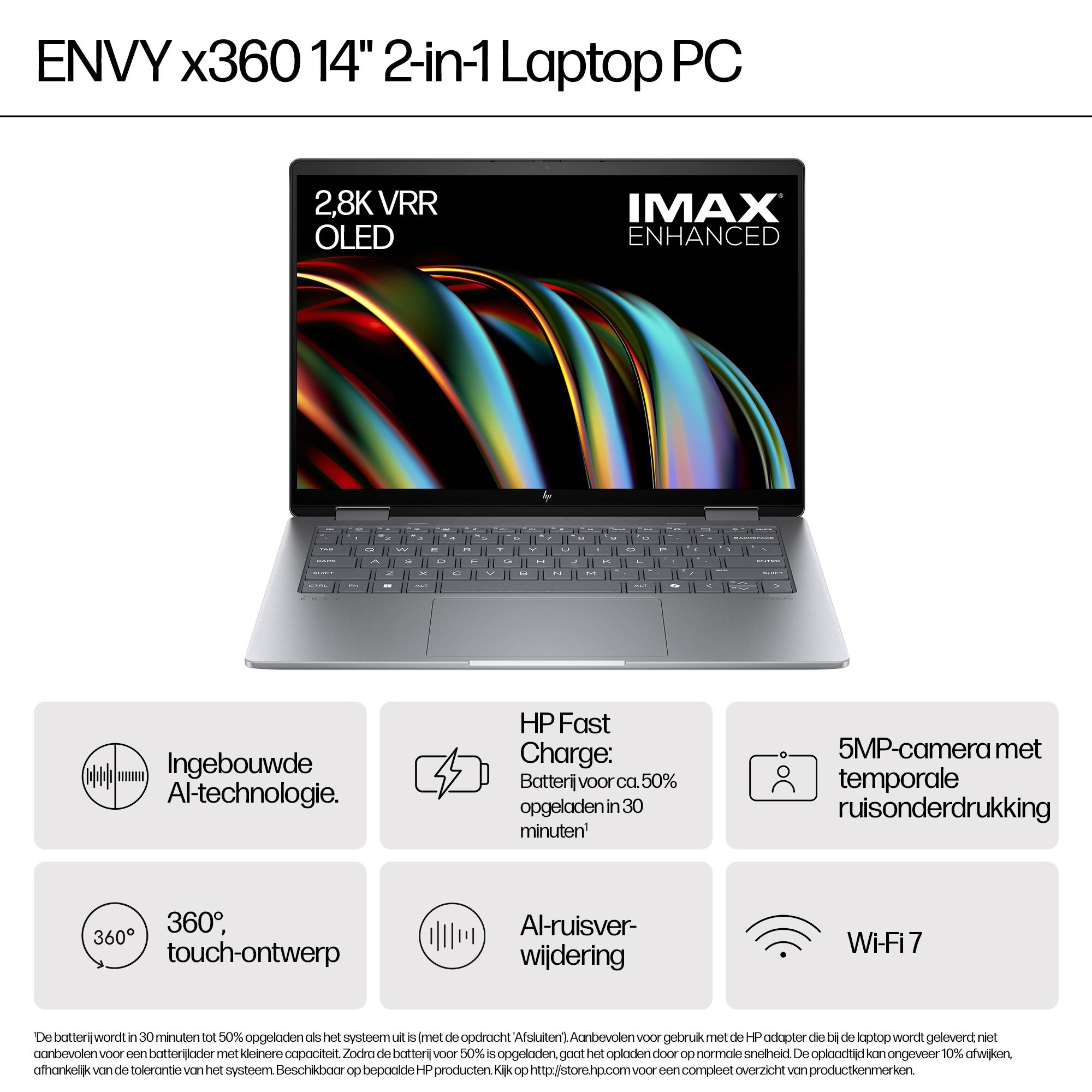 HP ENVY x360 14-fc0060nd Intel Core Ultra 7 155U Hybride (2-in-1) 35,6 cm (14") Touchscreen 3K 16 GB LPDDR5-SDRAM 1 TB SSD Wi-Fi 6E (802.11ax) Windows 11 Home Blauw