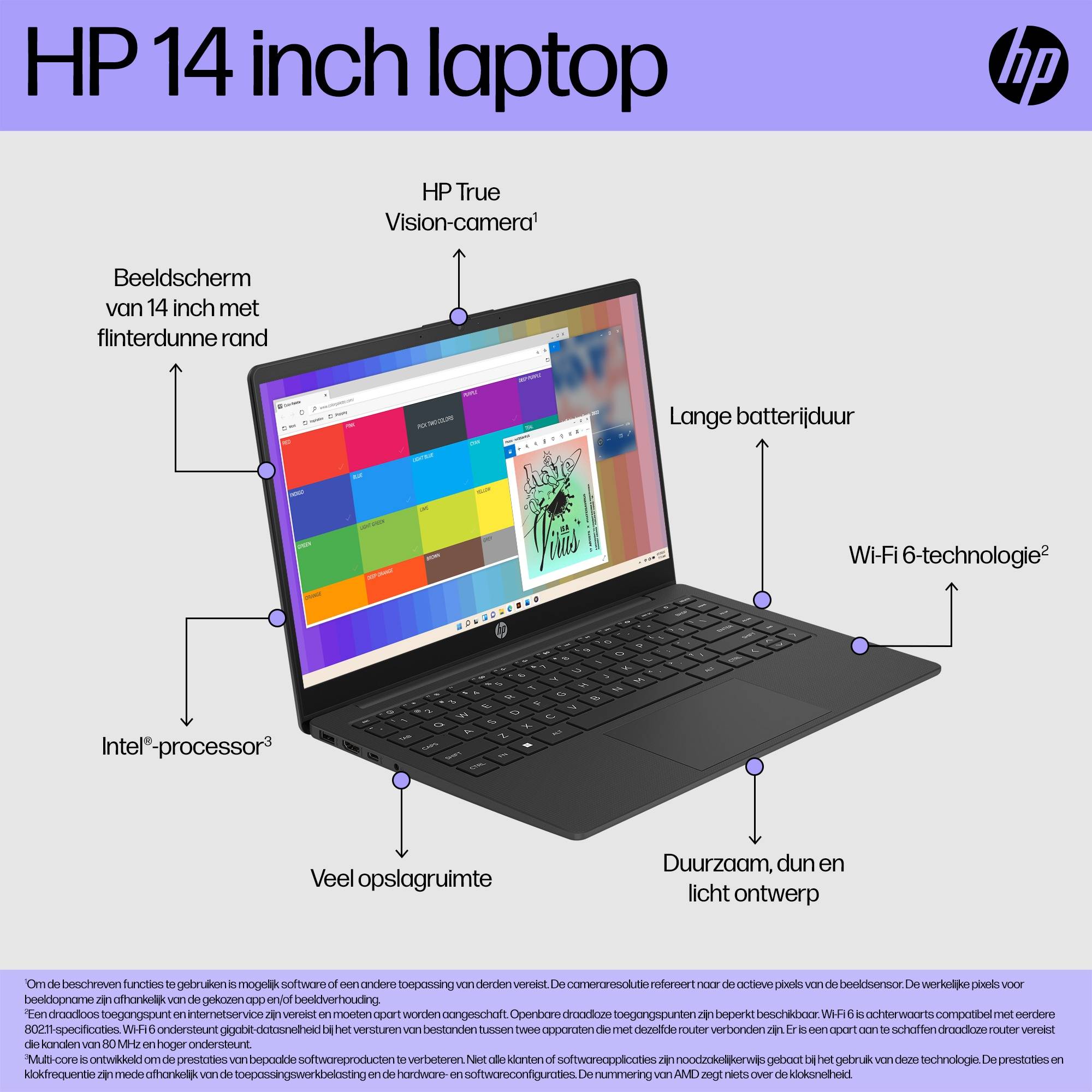 HP 14-ep0030nd Intel® Core™ i3 i3-1215U Laptop 35,6 cm (14") Full HD 8 GB DDR4-SDRAM 256 GB SSD Wi-Fi 6E (802.11ax) Windows 11 Home Zilver