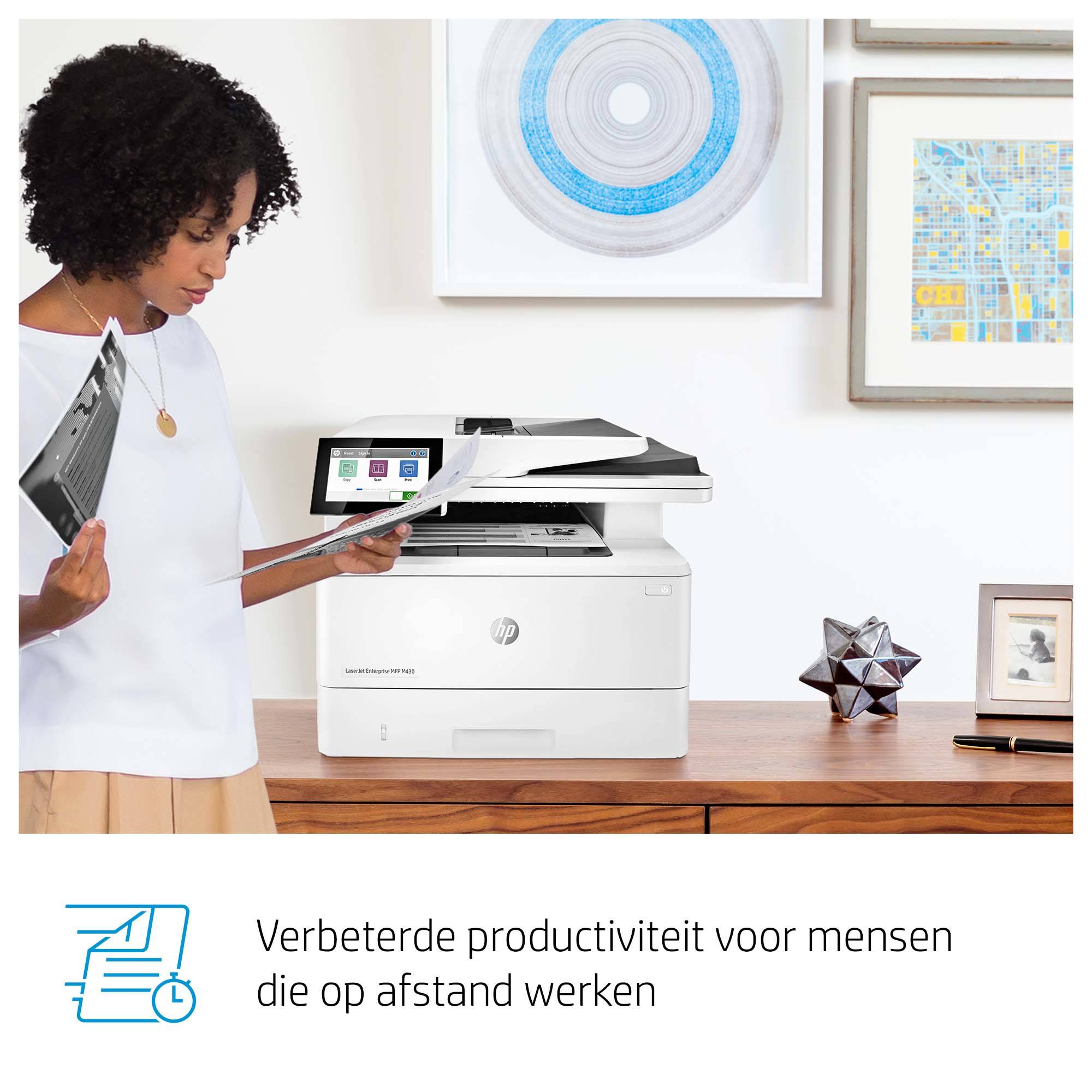 HP LaserJet Enterprise MFP M430f, Zwart-wit, Printer voor Bedrijf, Printen, kopiëren, scannen, faxen, Automatische documentinvoer voor 50 vellen; Dubbelzijdig printen; Dubbelzijdig scannen; Printen via USB-poort aan de voorzijde; Compact formaat; Energie