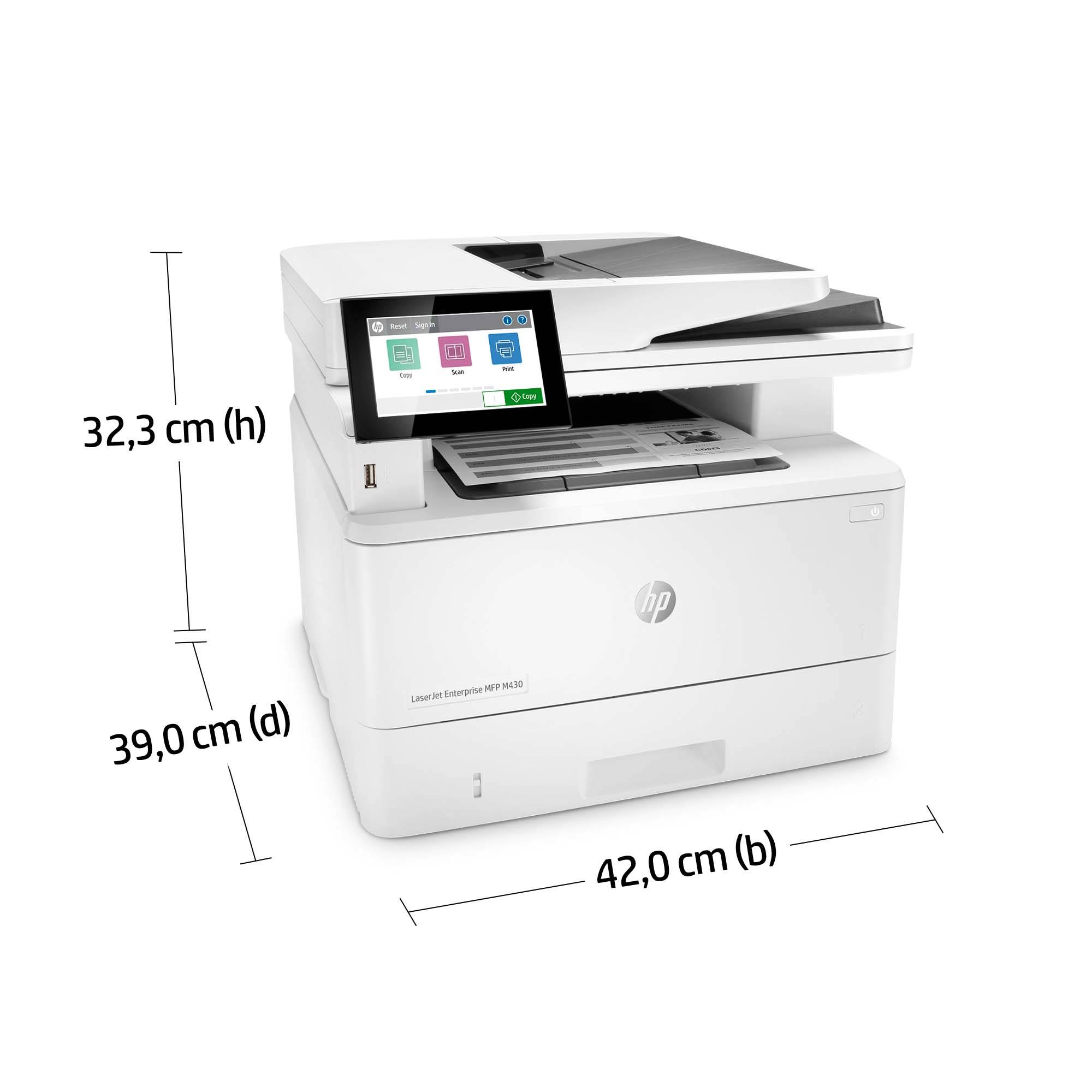 HP LaserJet Enterprise MFP M430f, Zwart-wit, Printer voor Bedrijf, Printen, kopiëren, scannen, faxen, Automatische documentinvoer voor 50 vellen; Dubbelzijdig printen; Dubbelzijdig scannen; Printen via USB-poort aan de voorzijde; Compact formaat; Energie