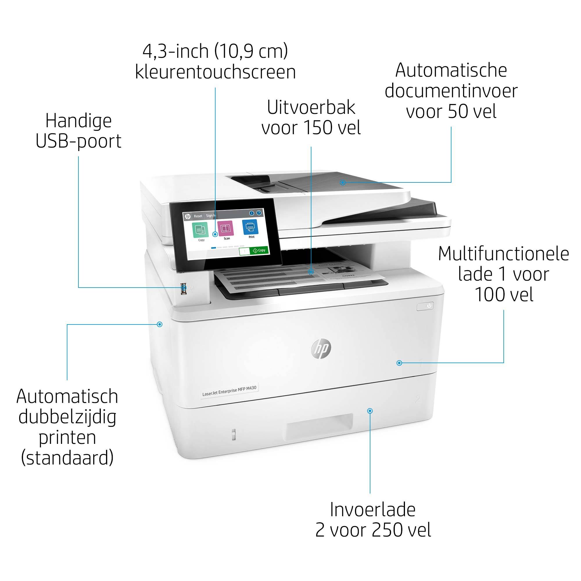 HP LaserJet Enterprise MFP M430f, Zwart-wit, Printer voor Bedrijf, Printen, kopiëren, scannen, faxen, Automatische documentinvoer voor 50 vellen; Dubbelzijdig printen; Dubbelzijdig scannen; Printen via USB-poort aan de voorzijde; Compact formaat; Energie
