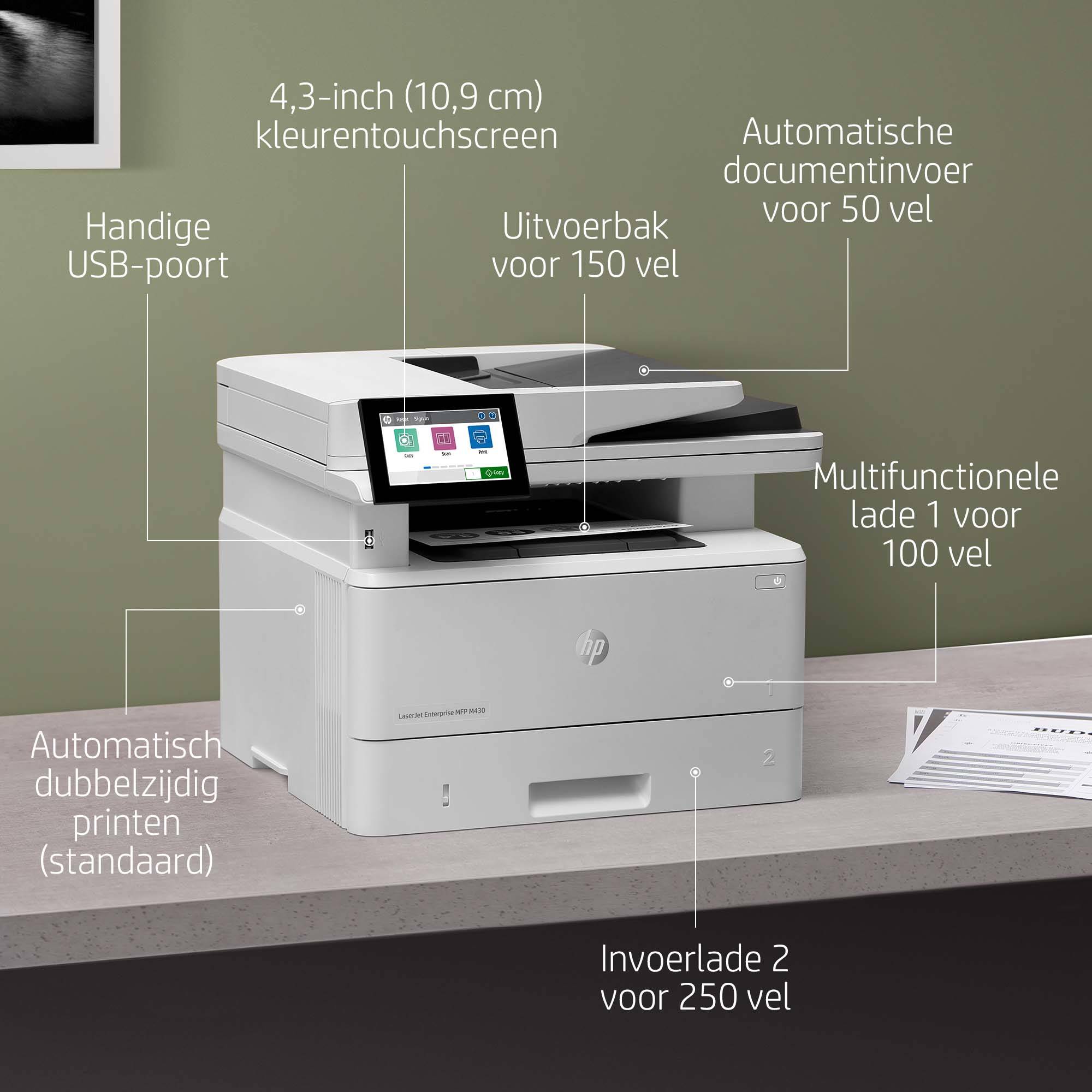 HP LaserJet Enterprise MFP M430f, Zwart-wit, Printer voor Bedrijf, Printen, kopiëren, scannen, faxen, Automatische documentinvoer voor 50 vellen; Dubbelzijdig printen; Dubbelzijdig scannen; Printen via USB-poort aan de voorzijde; Compact formaat; Energie