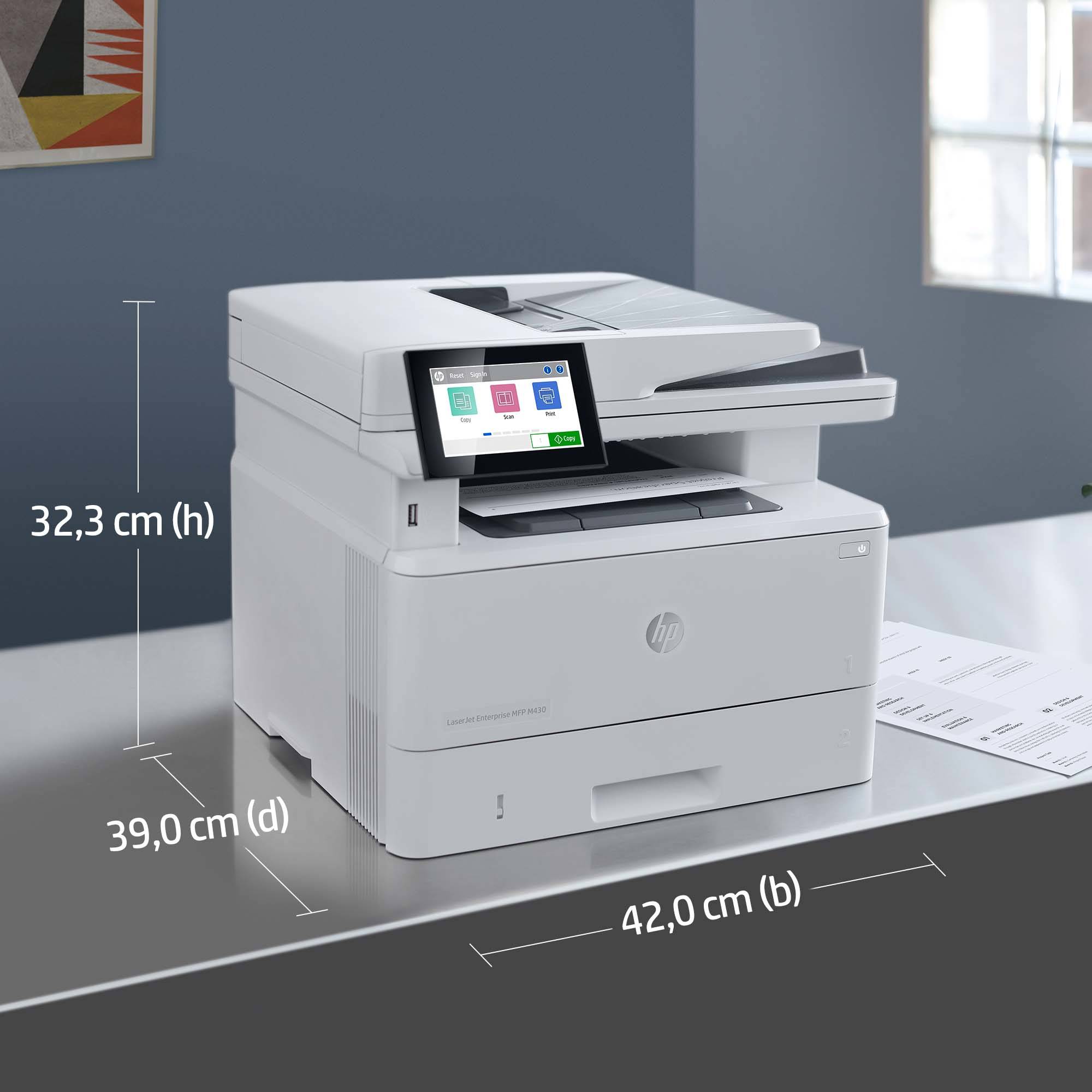 HP LaserJet Enterprise MFP M430f, Zwart-wit, Printer voor Bedrijf, Printen, kopiëren, scannen, faxen, Automatische documentinvoer voor 50 vellen; Dubbelzijdig printen; Dubbelzijdig scannen; Printen via USB-poort aan de voorzijde; Compact formaat; Energie