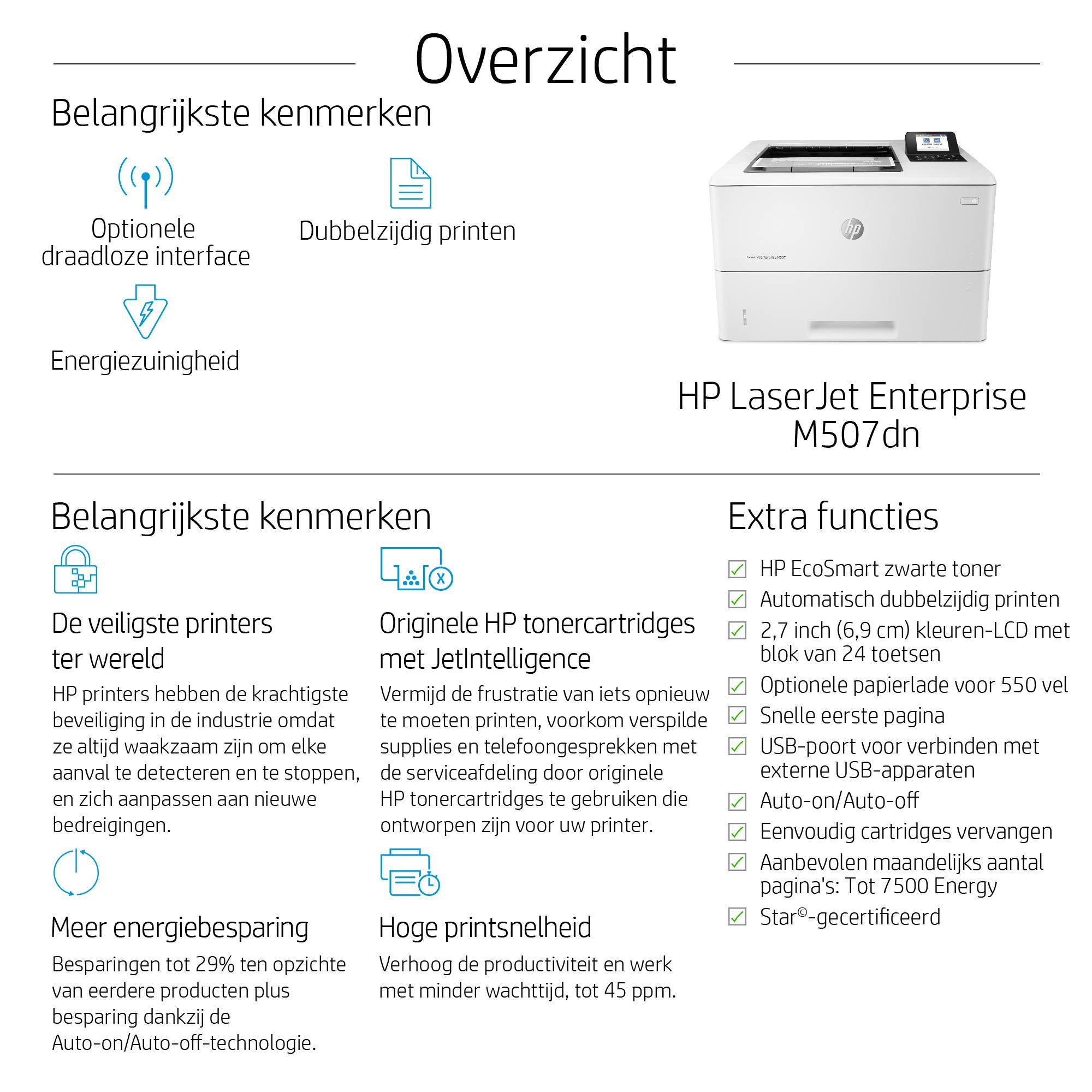 HP LaserJet Enterprise M507dn, Black and white, Printer voor Print, Dubbelzijdig afdrukken