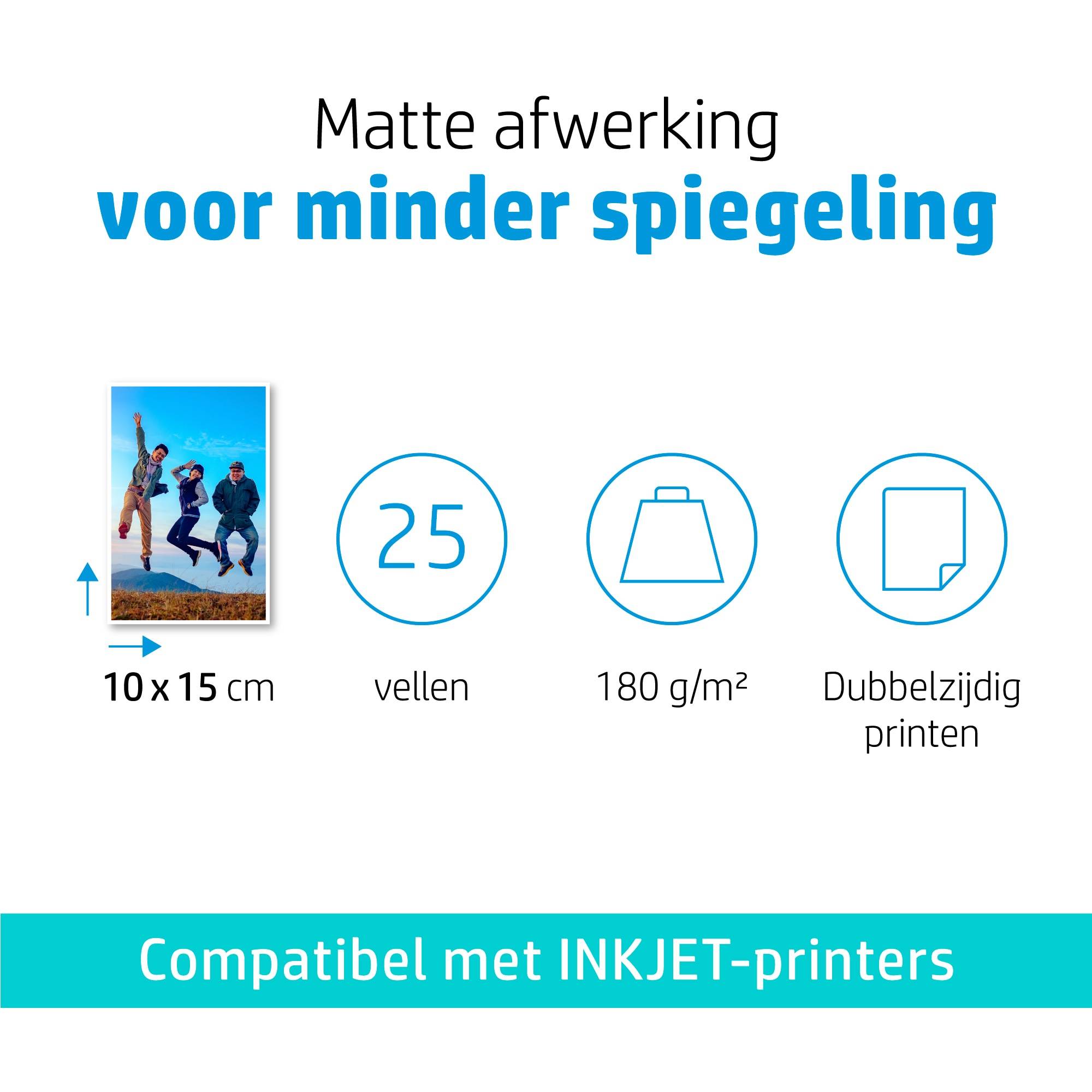 HP mat fotopapier, 180 g/m2, 10 x 15 cm (101 x 152 mm), 25 vellen