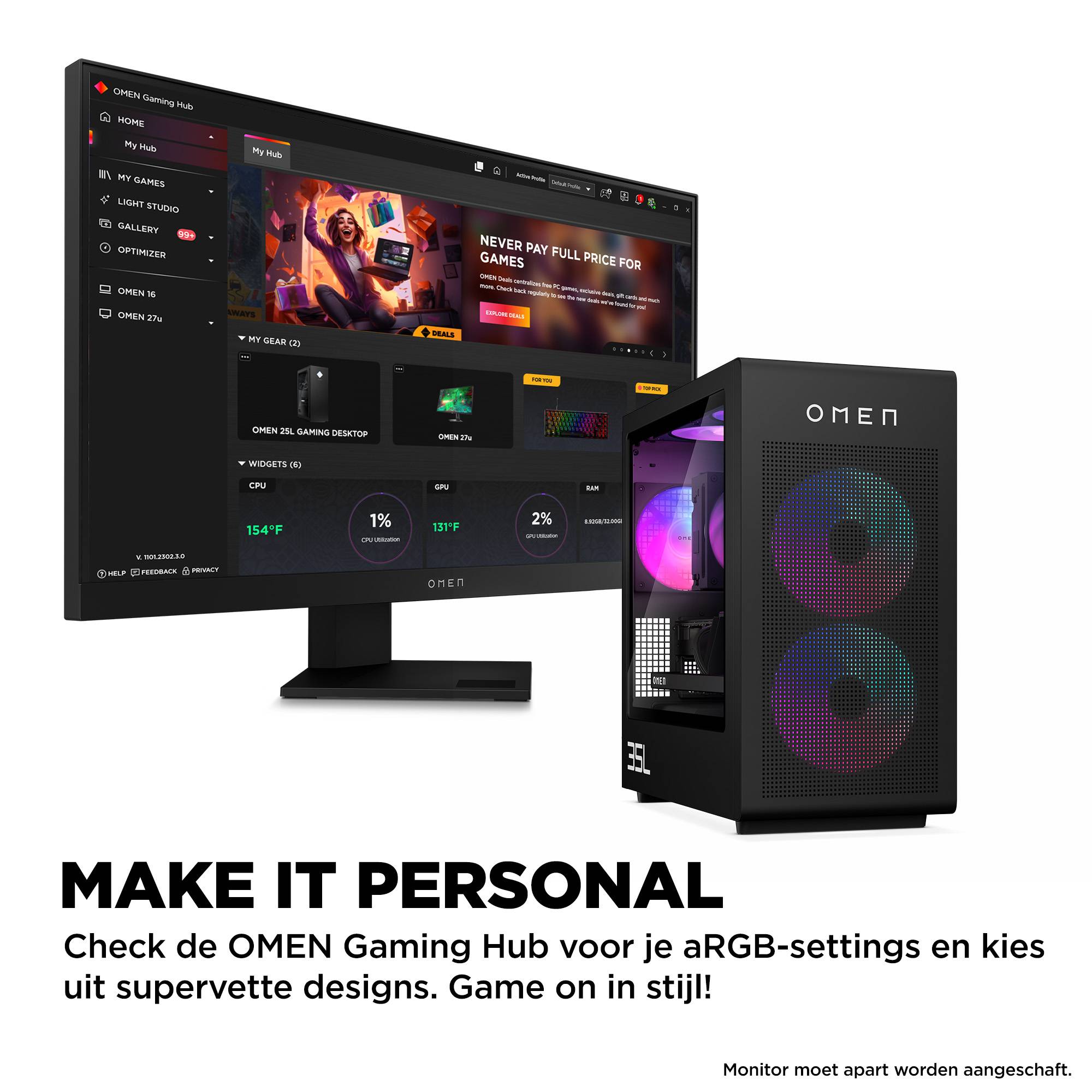 HP OMEN 35L GT16-0240nd PC Intel Core Ultra 9 285K 32 GB DDR5-SDRAM 2 TB SSD NVIDIA GeForce RTX 5070 Windows 11 Home Tower AI PC Zwart