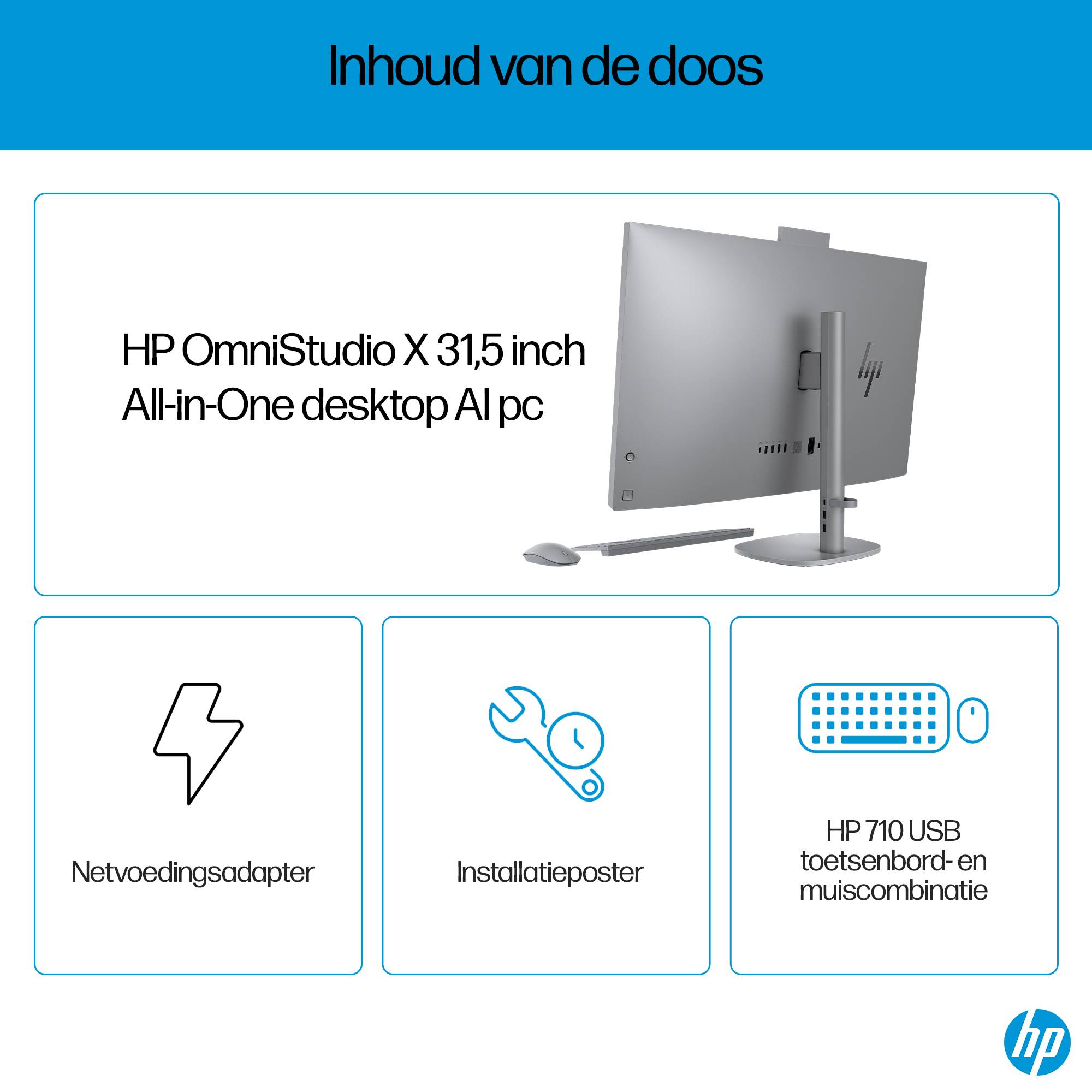 HP OmniStudio X 32-c0091nd Intel Core Ultra 7 155H 31.5inch UHD AG 32GB DDR5 2TB PCIe NVMe SSD RTX 4050 6GB W11H Meteor Silver 80 cm (31.5") 3840 x 2160 Pixels Alles-in-één-pc DDR5-SDRAM NVIDIA GeForce RTX 4050 Windows 11 Home Wi-Fi 7 (802.11be) AI PC Z