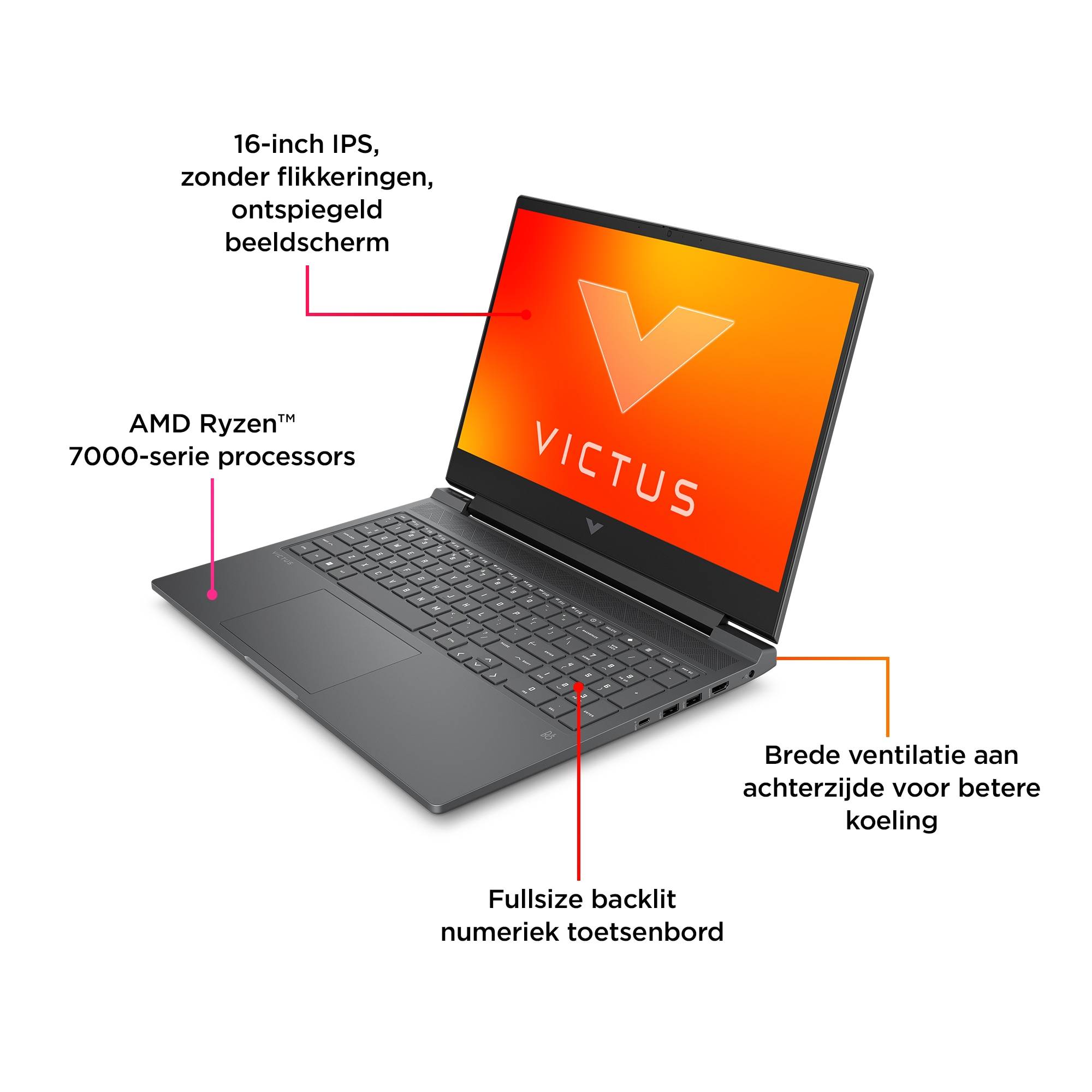 HP Victus Gaming 16-r0054nd Intel® Core™ i7 i7-13620H Laptop 40,9 cm (16.1") Full HD 16 GB DDR5-SDRAM 512 GB SSD NVIDIA GeForce RTX 4070 Wi-Fi 6 (802.11ax) Windows 11 Home Zwart