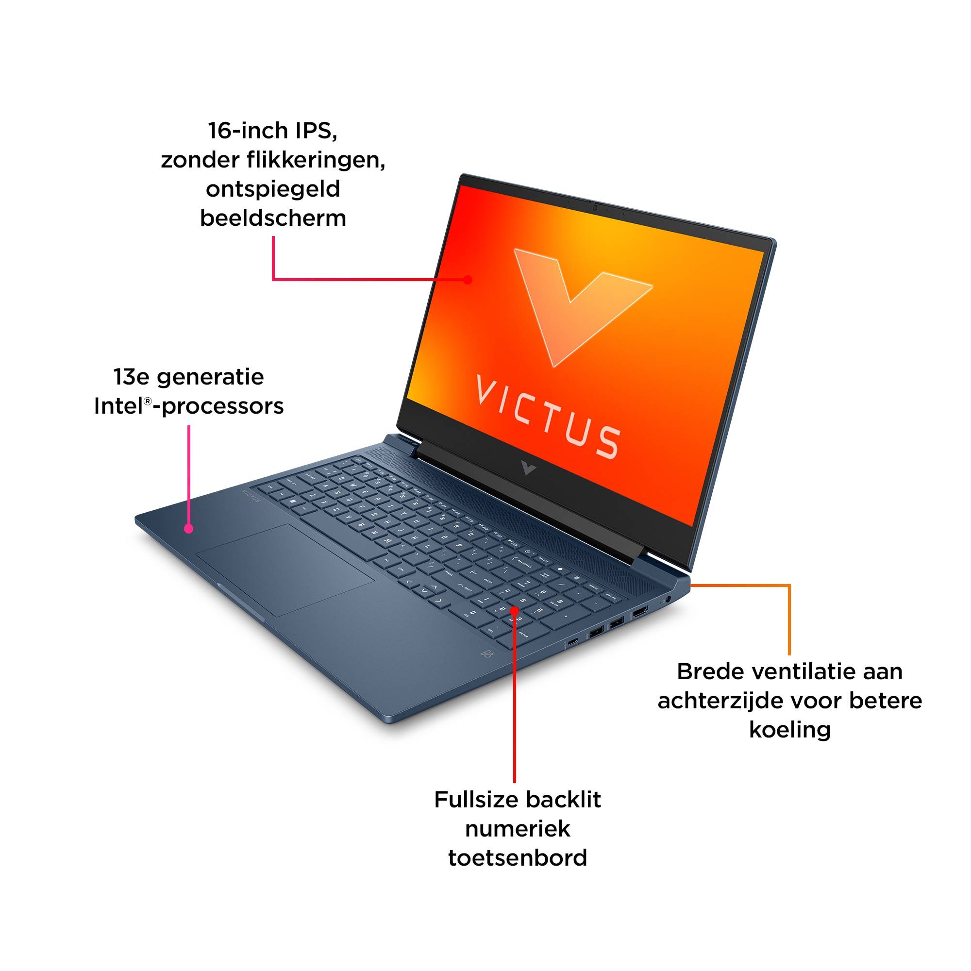 HP Victus Gaming 16-r0054nd Intel® Core™ i7 i7-13620H Laptop 40,9 cm (16.1") Full HD 16 GB DDR5-SDRAM 512 GB SSD NVIDIA GeForce RTX 4070 Wi-Fi 6 (802.11ax) Windows 11 Home Zwart