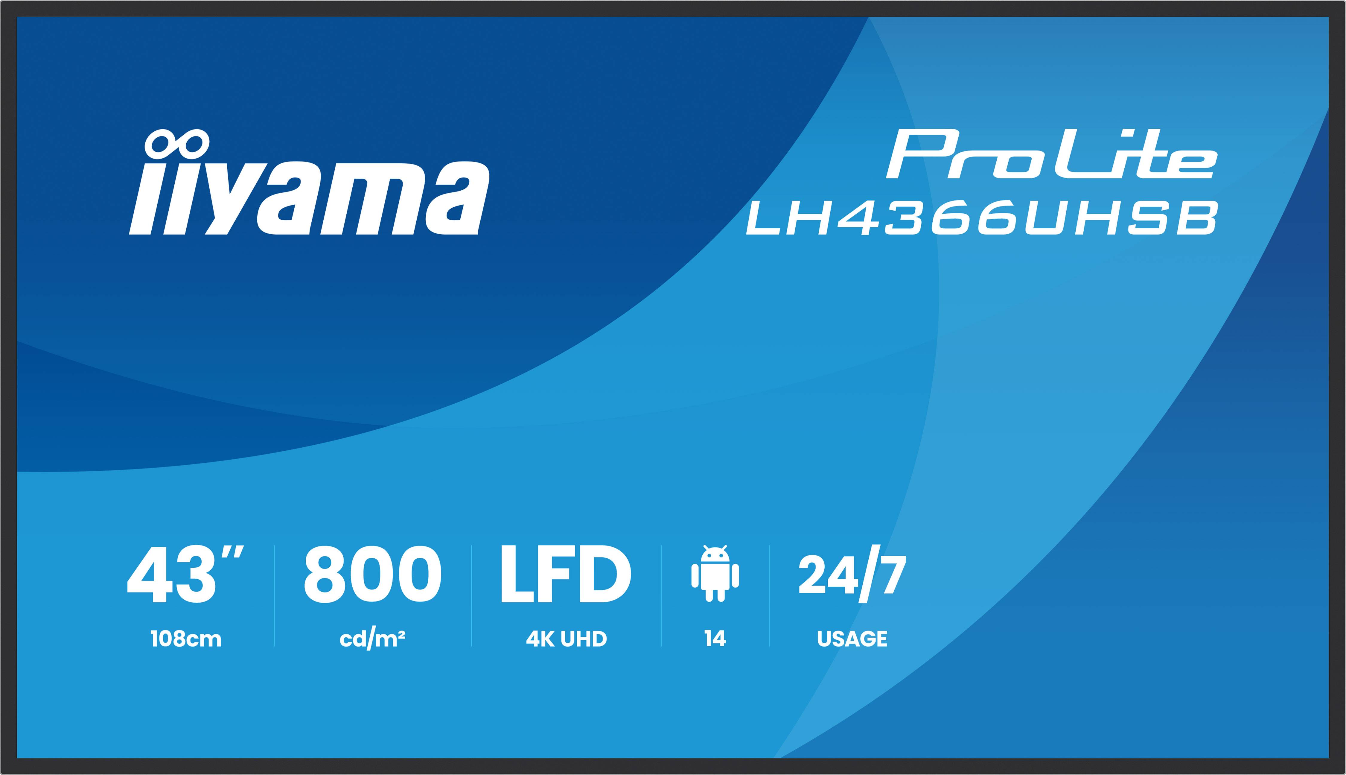 iiyama LH4366UHSB-B1AG beeldkrant Digitale signage flatscreen 109,2 cm (43") LCD Wifi 800 cd/m² 4K Ultra HD Zwart Type processor Android 24/7