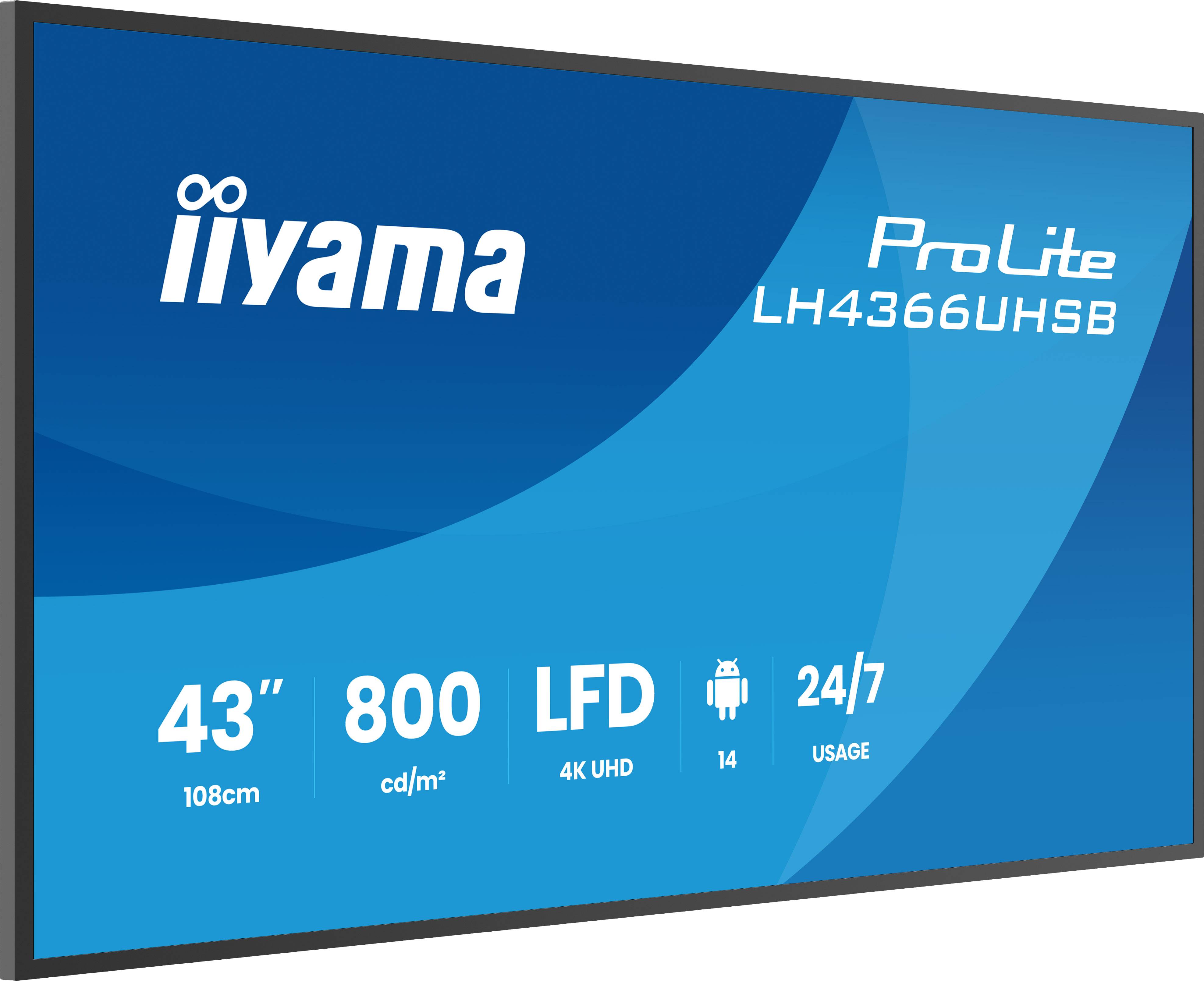 iiyama LH4366UHSB-B1AG beeldkrant Digitale signage flatscreen 109,2 cm (43") LCD Wifi 800 cd/m² 4K Ultra HD Zwart Type processor Android 24/7