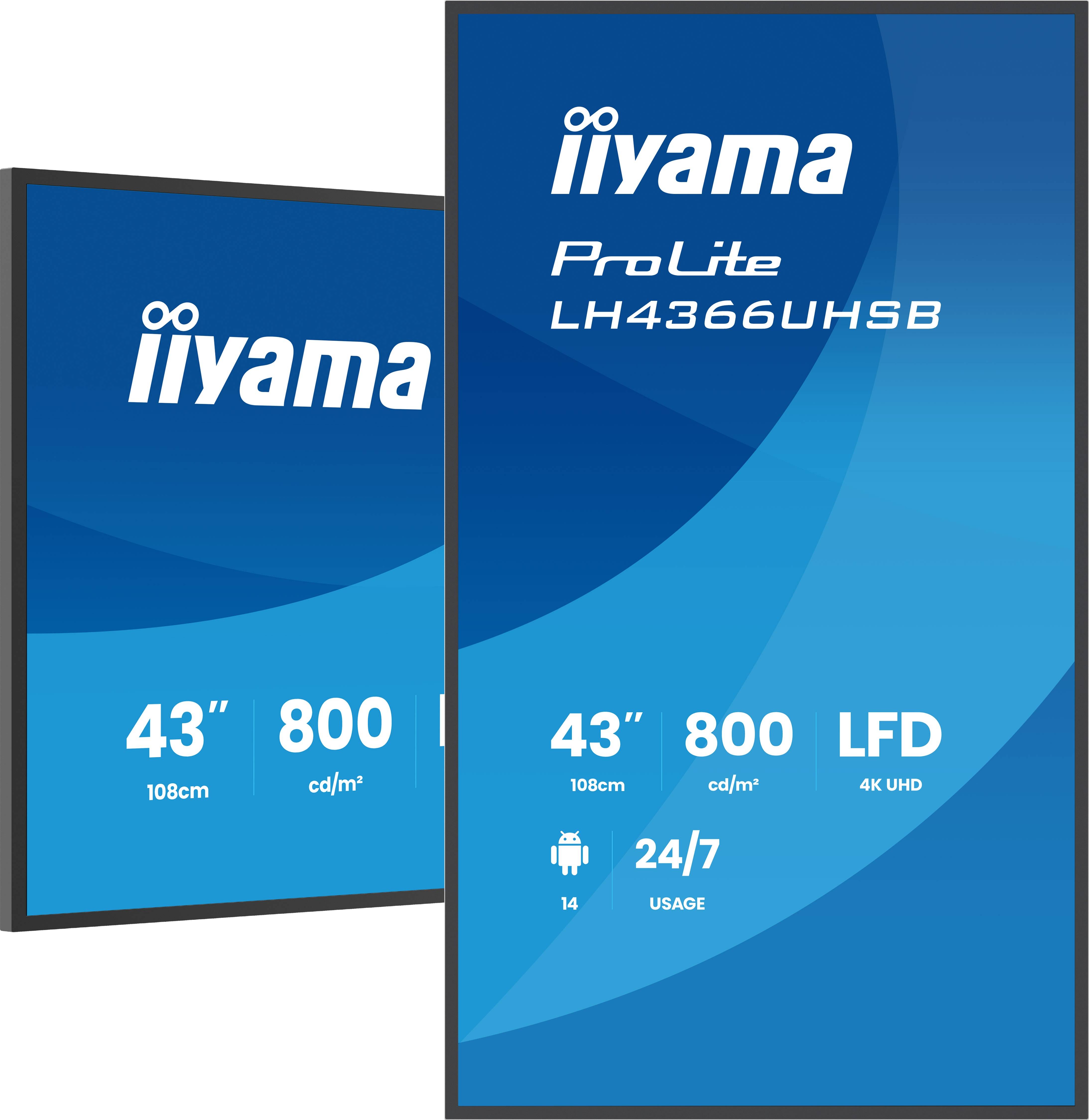 iiyama LH4366UHSB-B1AG beeldkrant Digitale signage flatscreen 109,2 cm (43") LCD Wifi 800 cd/m² 4K Ultra HD Zwart Type processor Android 24/7
