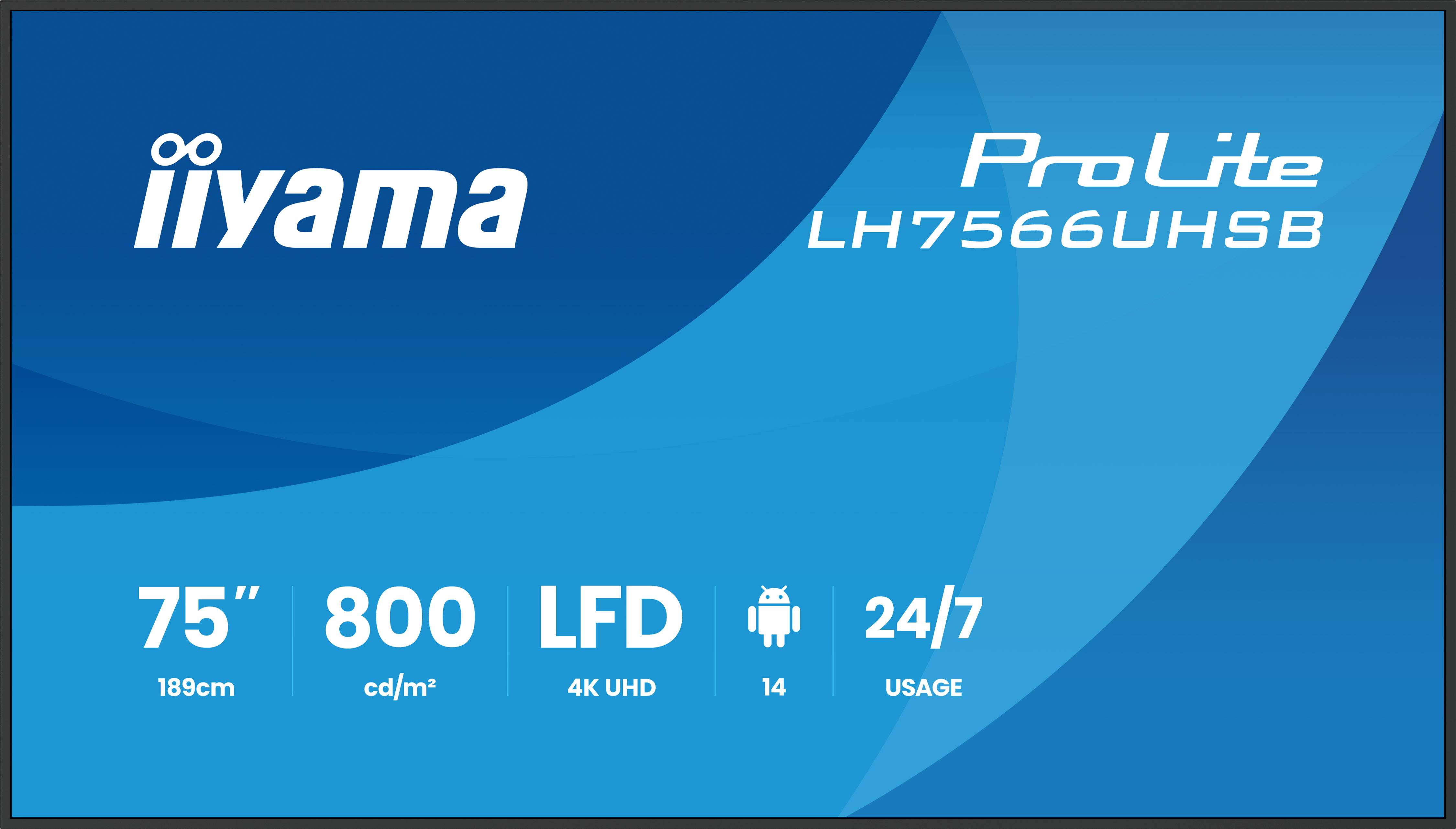 iiyama LH7566UHSB-B1AG beeldkrant Digitale signage flatscreen 190,5 cm (75") LCD Wifi 800 cd/m² 4K Ultra HD Zwart Type processor Android 24/7