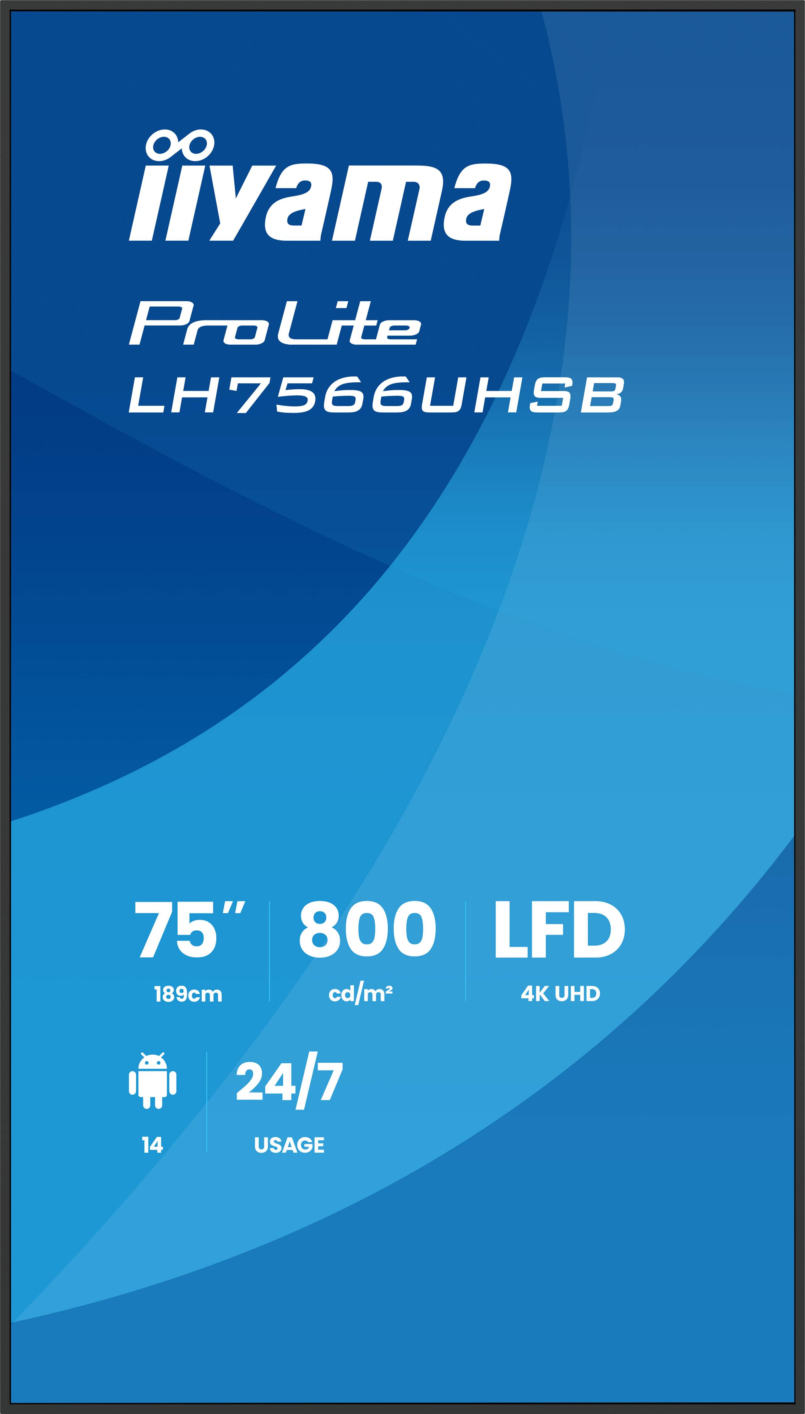iiyama LH7566UHSB-B1AG beeldkrant Digitale signage flatscreen 190,5 cm (75") LCD Wifi 800 cd/m² 4K Ultra HD Zwart Type processor Android 24/7