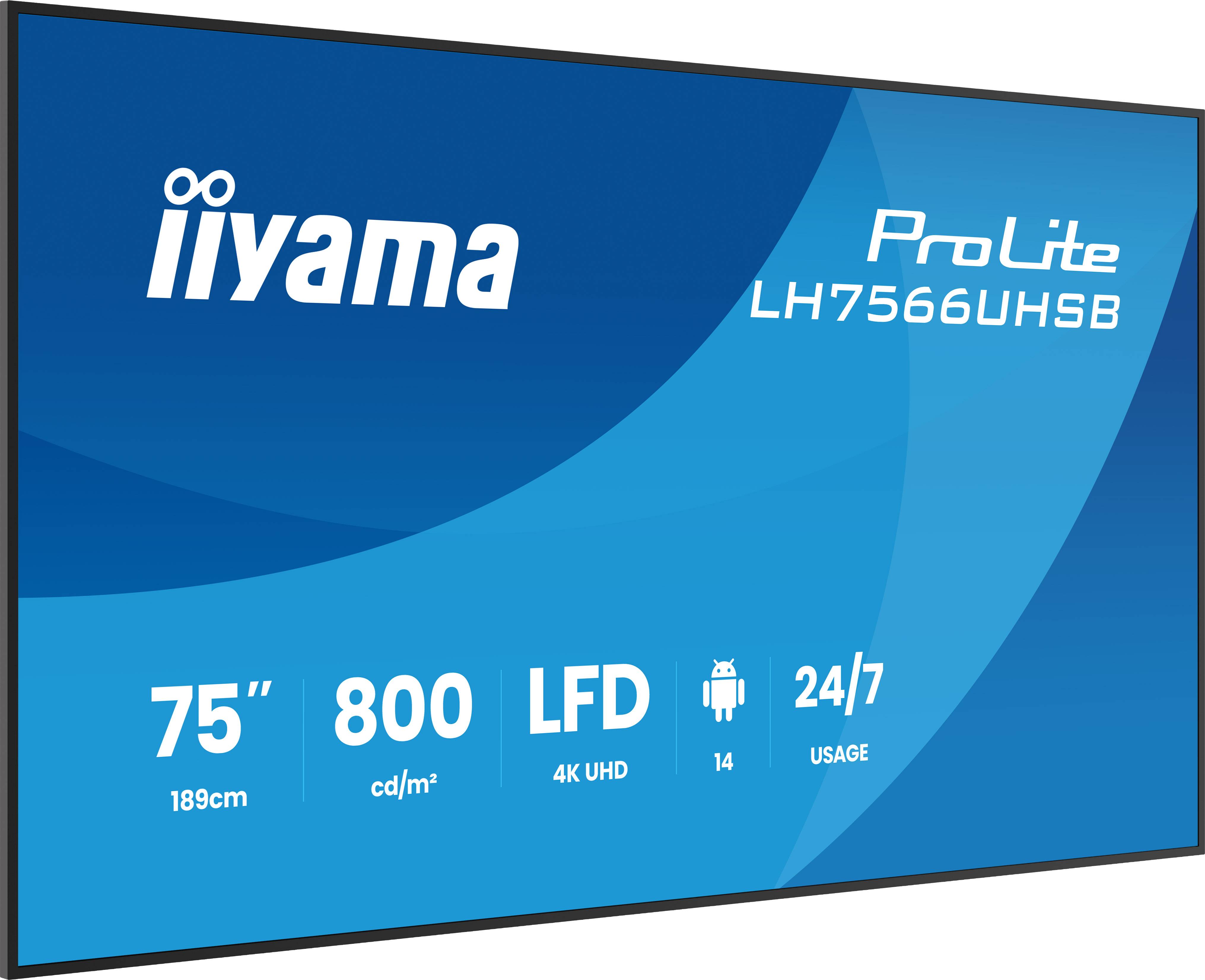 iiyama LH7566UHSB-B1AG beeldkrant Digitale signage flatscreen 190,5 cm (75") LCD Wifi 800 cd/m² 4K Ultra HD Zwart Type processor Android 24/7