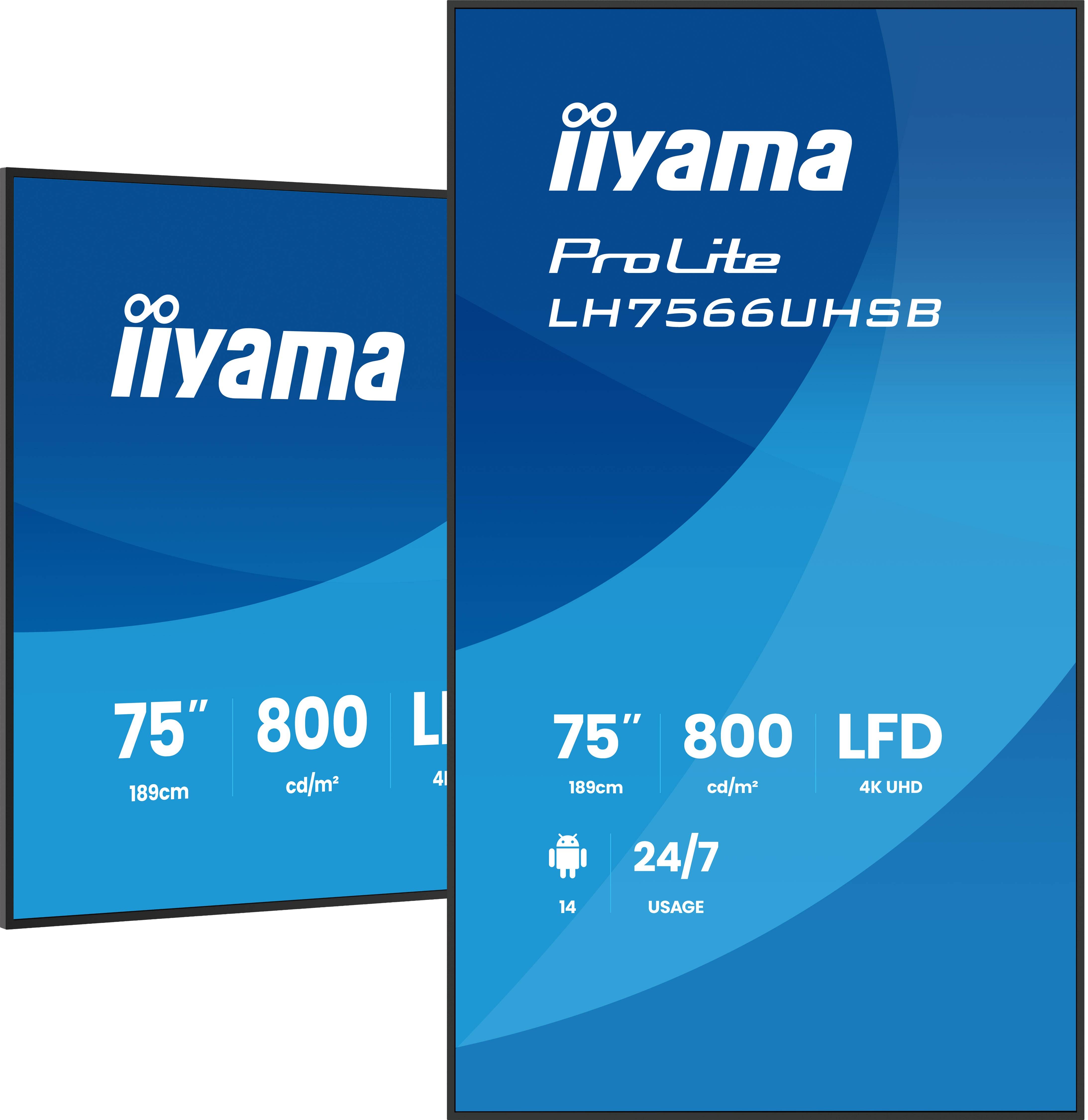 iiyama LH7566UHSB-B1AG beeldkrant Digitale signage flatscreen 190,5 cm (75") LCD Wifi 800 cd/m² 4K Ultra HD Zwart Type processor Android 24/7