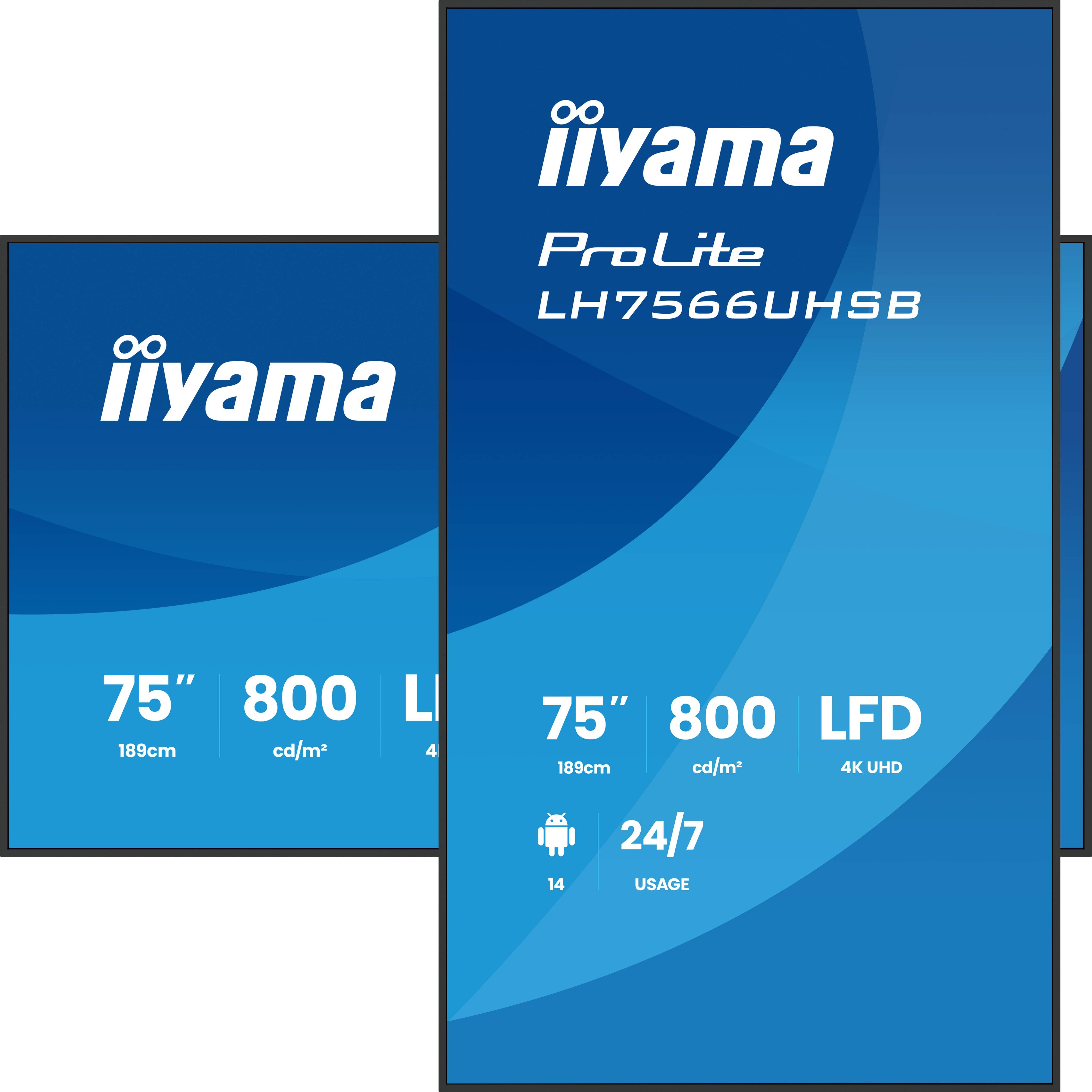 iiyama LH7566UHSB-B1AG beeldkrant Digitale signage flatscreen 190,5 cm (75") LCD Wifi 800 cd/m² 4K Ultra HD Zwart Type processor Android 24/7