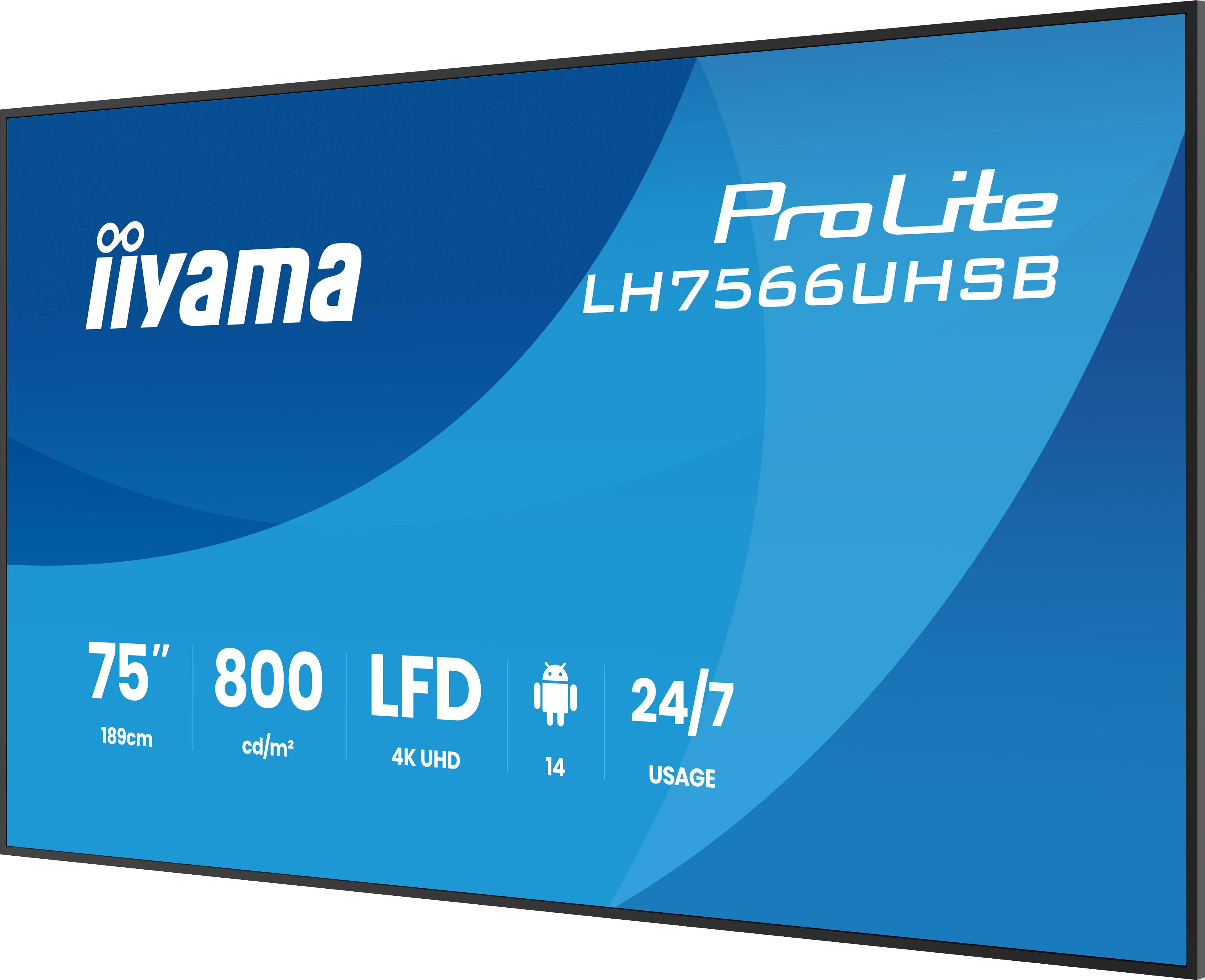 iiyama LH7566UHSB-B1AG beeldkrant Digitale signage flatscreen 190,5 cm (75") LCD Wifi 800 cd/m² 4K Ultra HD Zwart Type processor Android 24/7