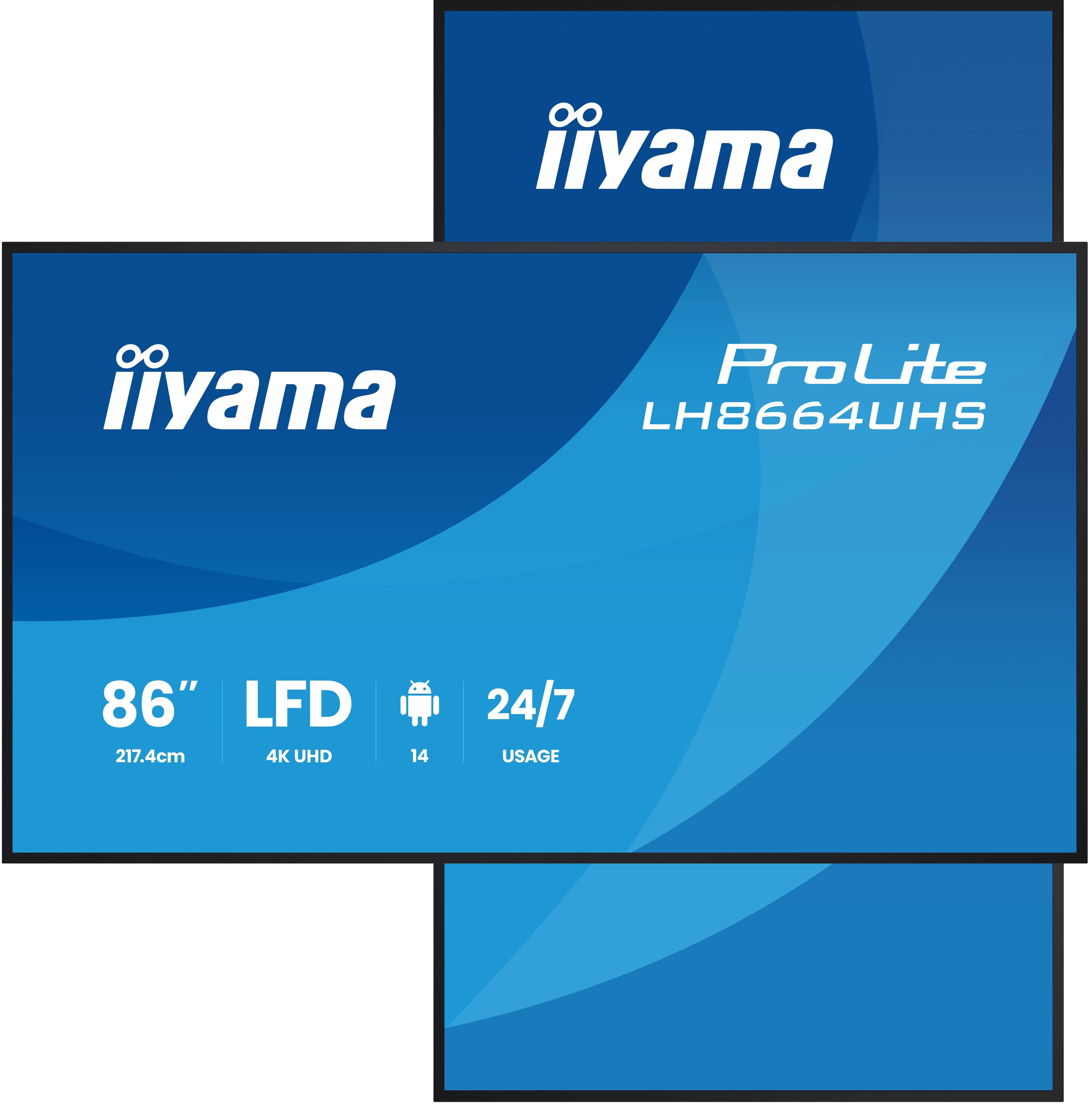 iiyama LH8664UHS-B3AG beeldkrant Digitale signage flatscreen 2,17 m (85.6") Wifi 450 cd/m² 4K Ultra HD Zwart Type processor Android 24/7