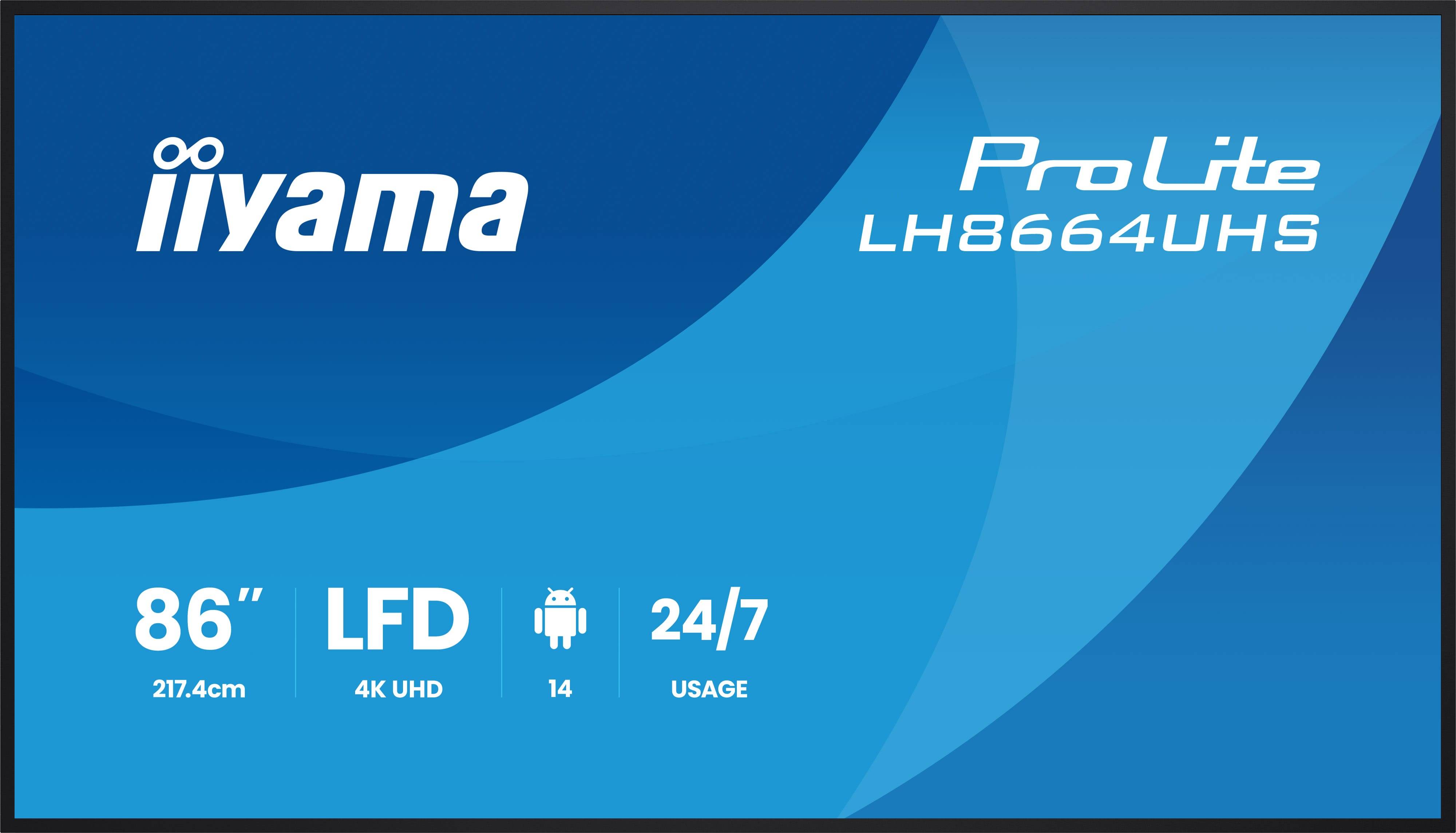 iiyama LH8664UHS-B3AG beeldkrant Digitale signage flatscreen 2,17 m (85.6") Wifi 450 cd/m² 4K Ultra HD Zwart Type processor Android 24/7