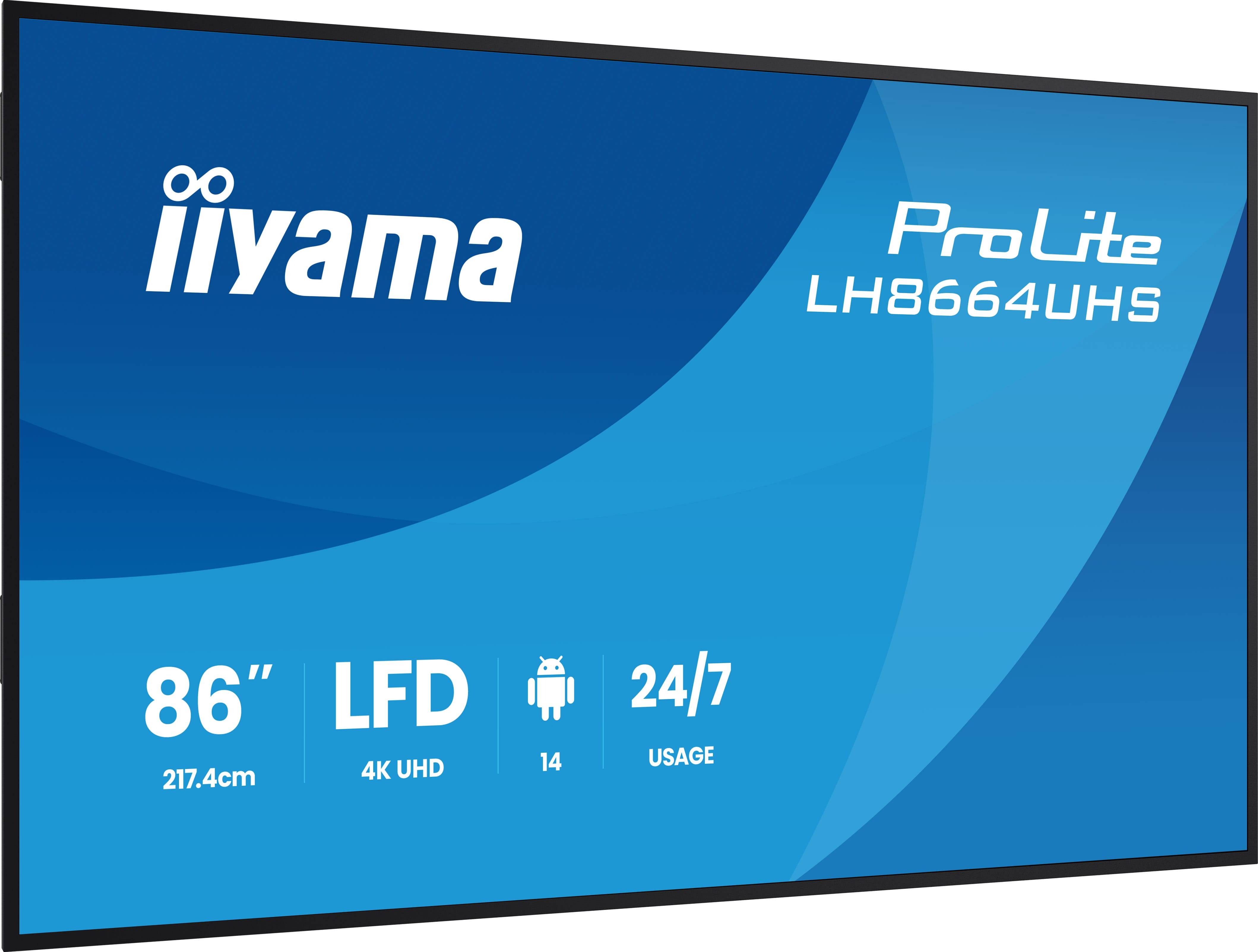iiyama LH8664UHS-B3AG beeldkrant Digitale signage flatscreen 2,17 m (85.6") Wifi 450 cd/m² 4K Ultra HD Zwart Type processor Android 24/7