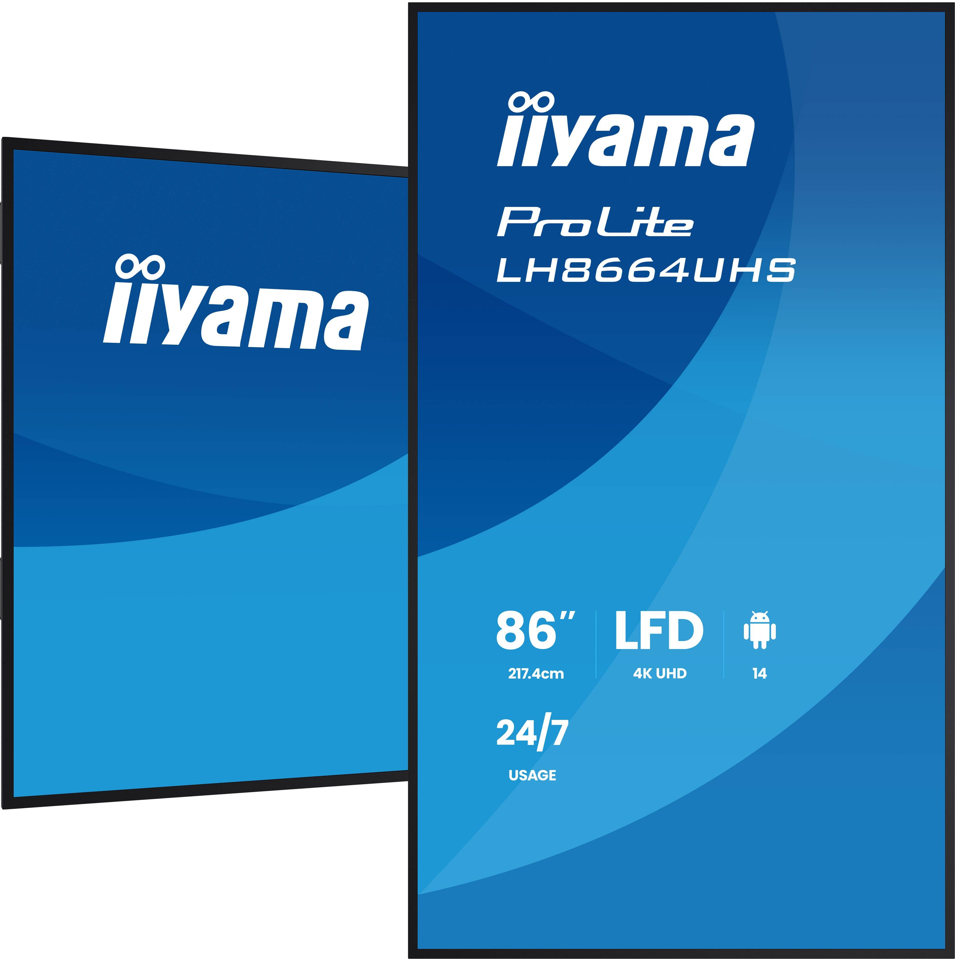 iiyama LH8664UHS-B3AG beeldkrant Digitale signage flatscreen 2,17 m (85.6") Wifi 450 cd/m² 4K Ultra HD Zwart Type processor Android 24/7