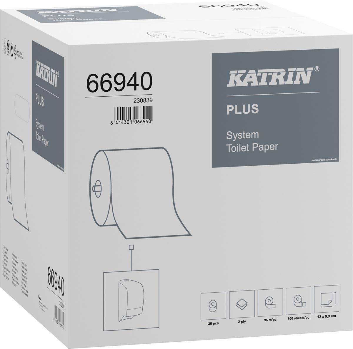 Katrin Plus toiletpapier voor dispensers, 2-laags, 800 vellen, pak van 36 rollen