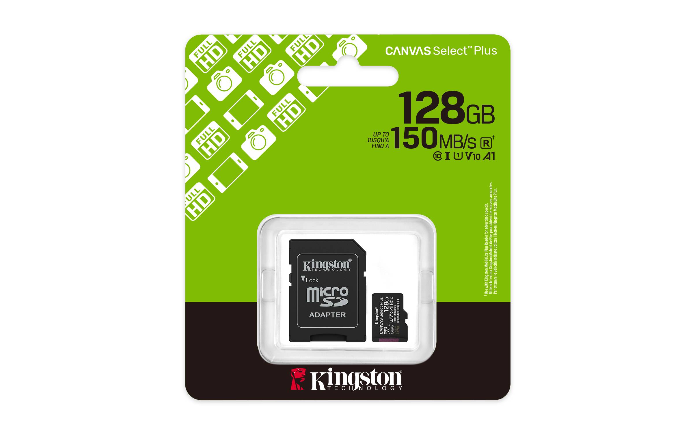 Kingston Technology 128GB microSDXC Canvas Select Plus Gen3 150MB/s A1 kaart + adapter