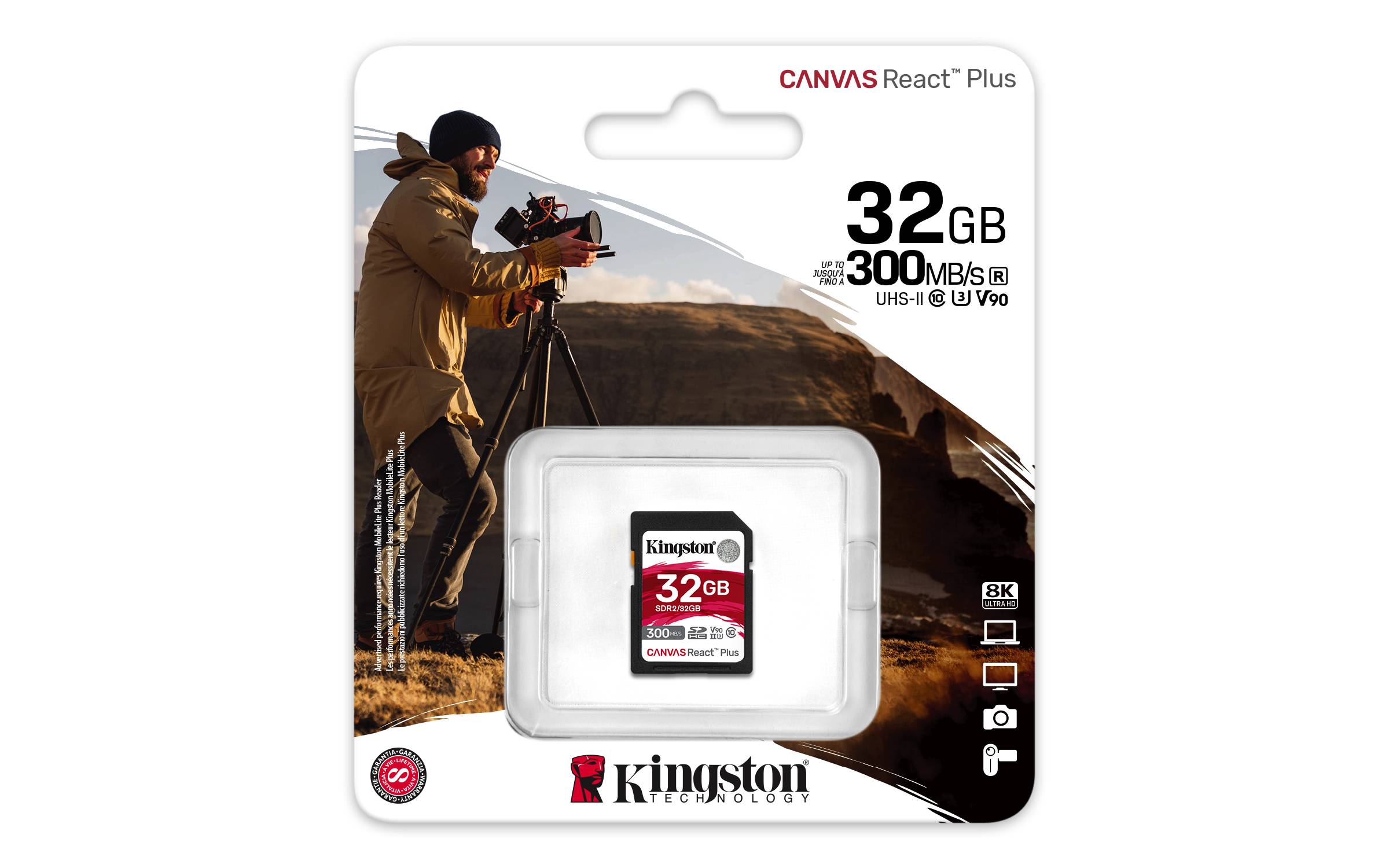 Kingston Technology 32GB Canvas React Plus SDHC UHS-II 300R/260W U3 V90 voor Full HD/4K/8K